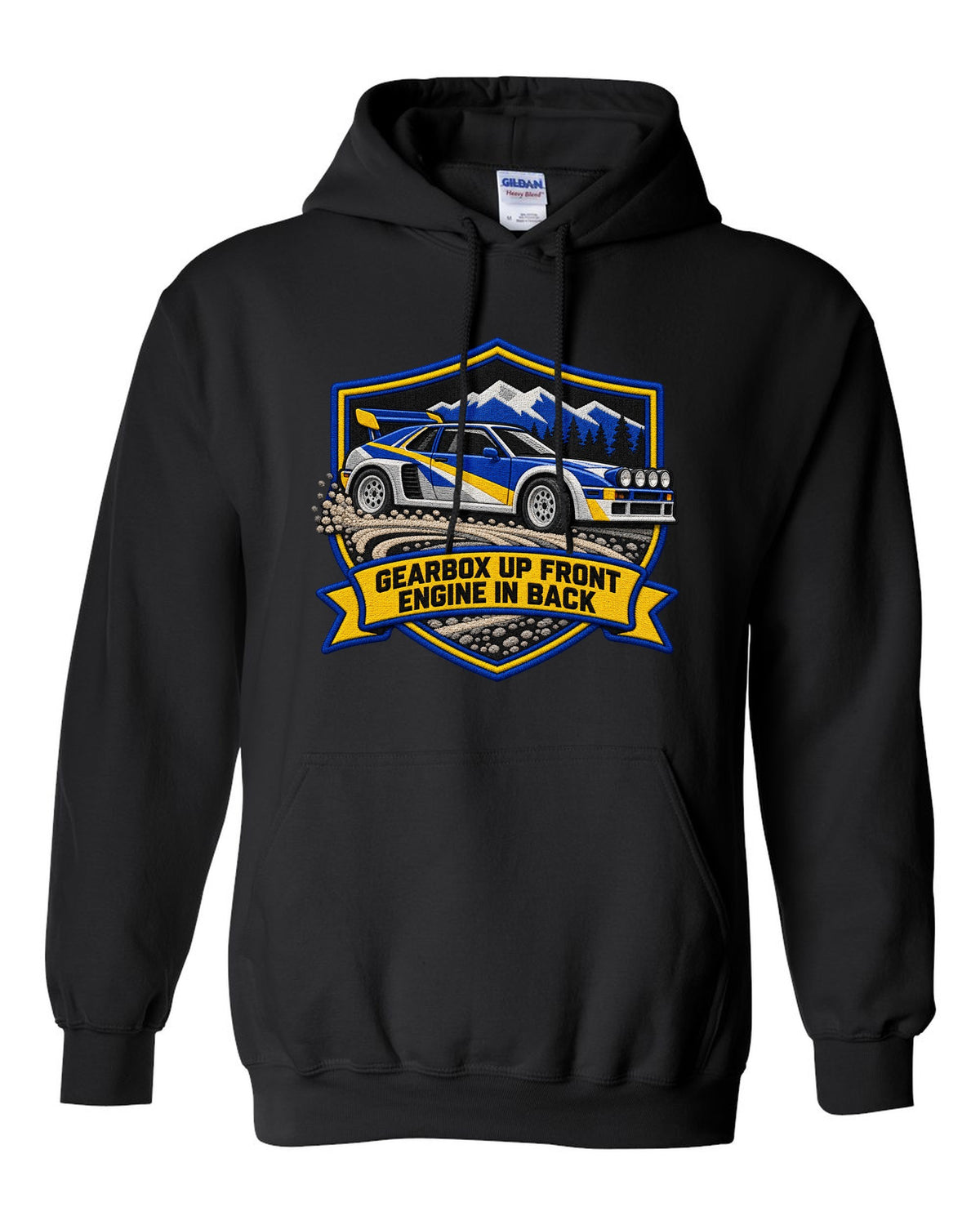 Varsity crest print of the Ford RS200 with gearbox up front, engine in back text black pull over hoodie front view with the design