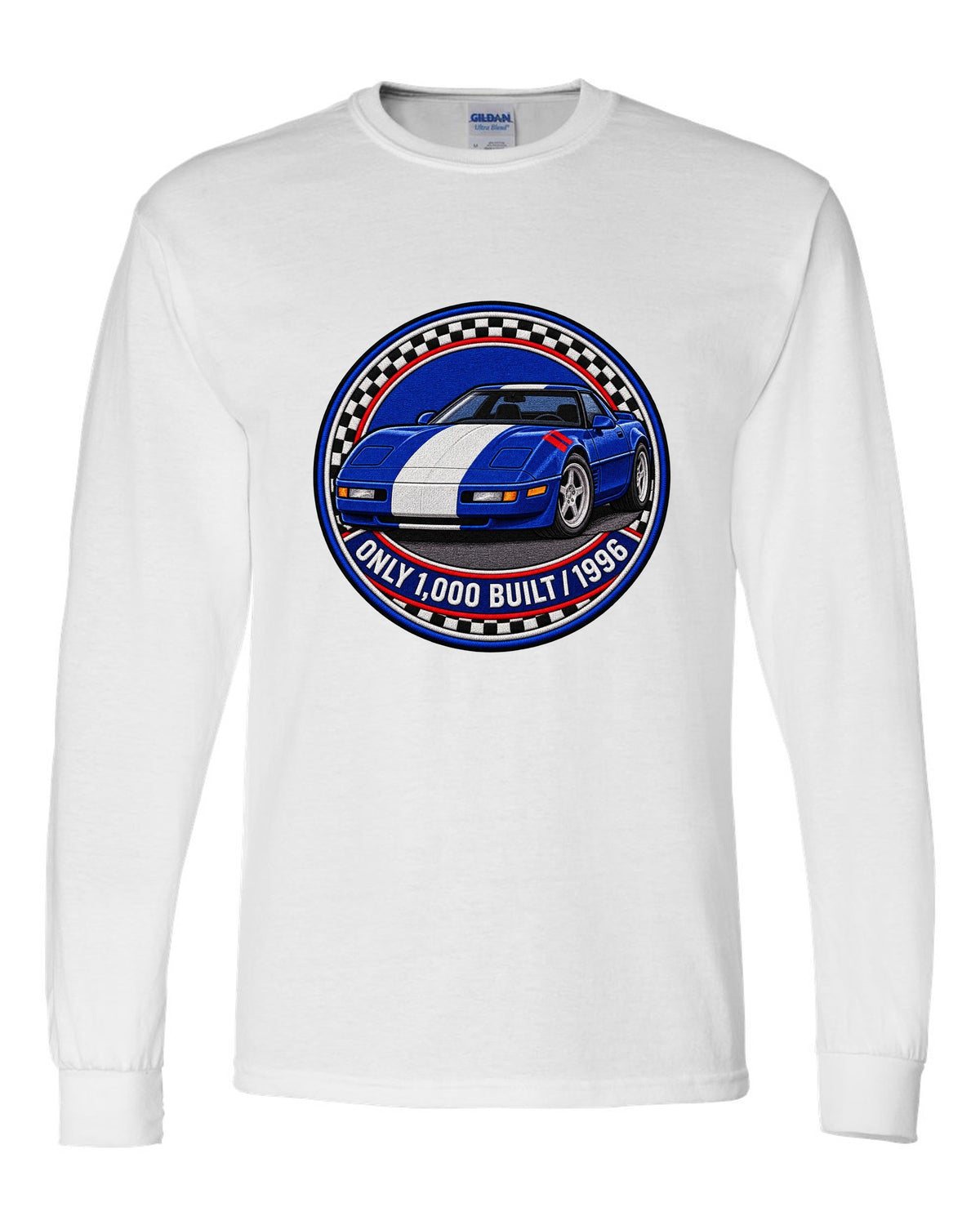Embroidery style varsity crest print of a 1996 Chevrolet Corvette C4 Grand Sport with Only 1,000 Built text white long sleeve front view with the design