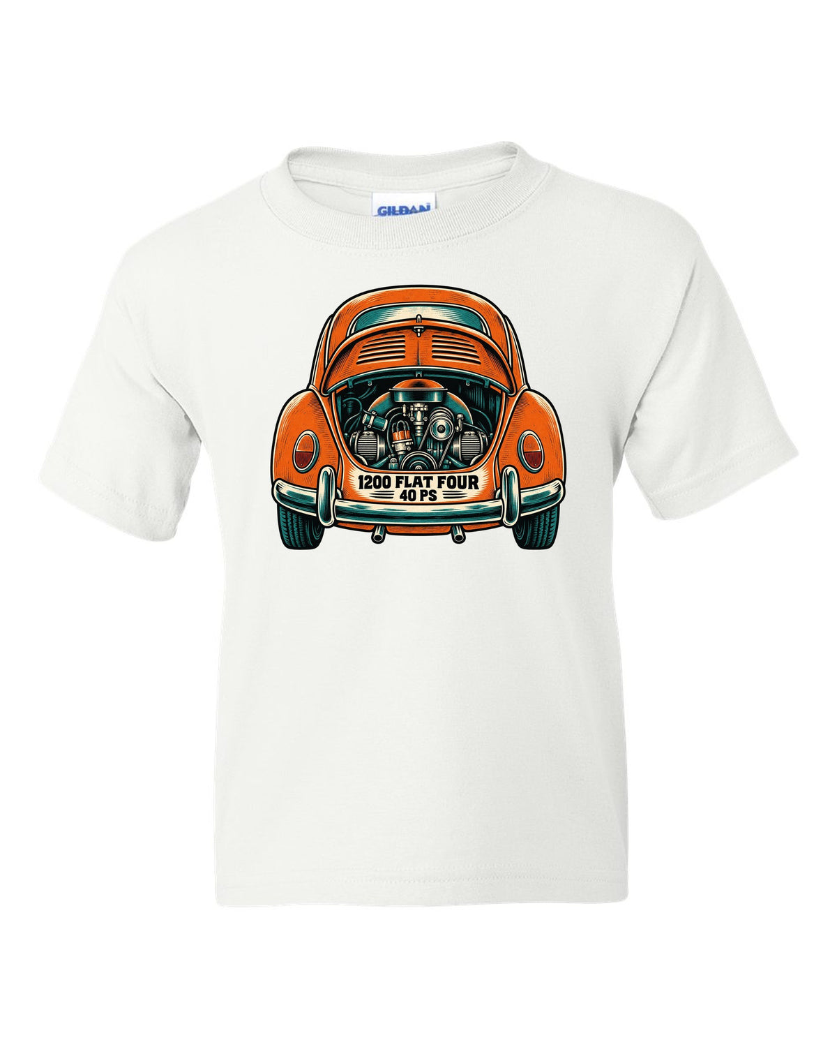 Linocut woodcut style VW Beetle Type 1 with 1200 flat four and 40 PS lettering white kids tee front view with the design
