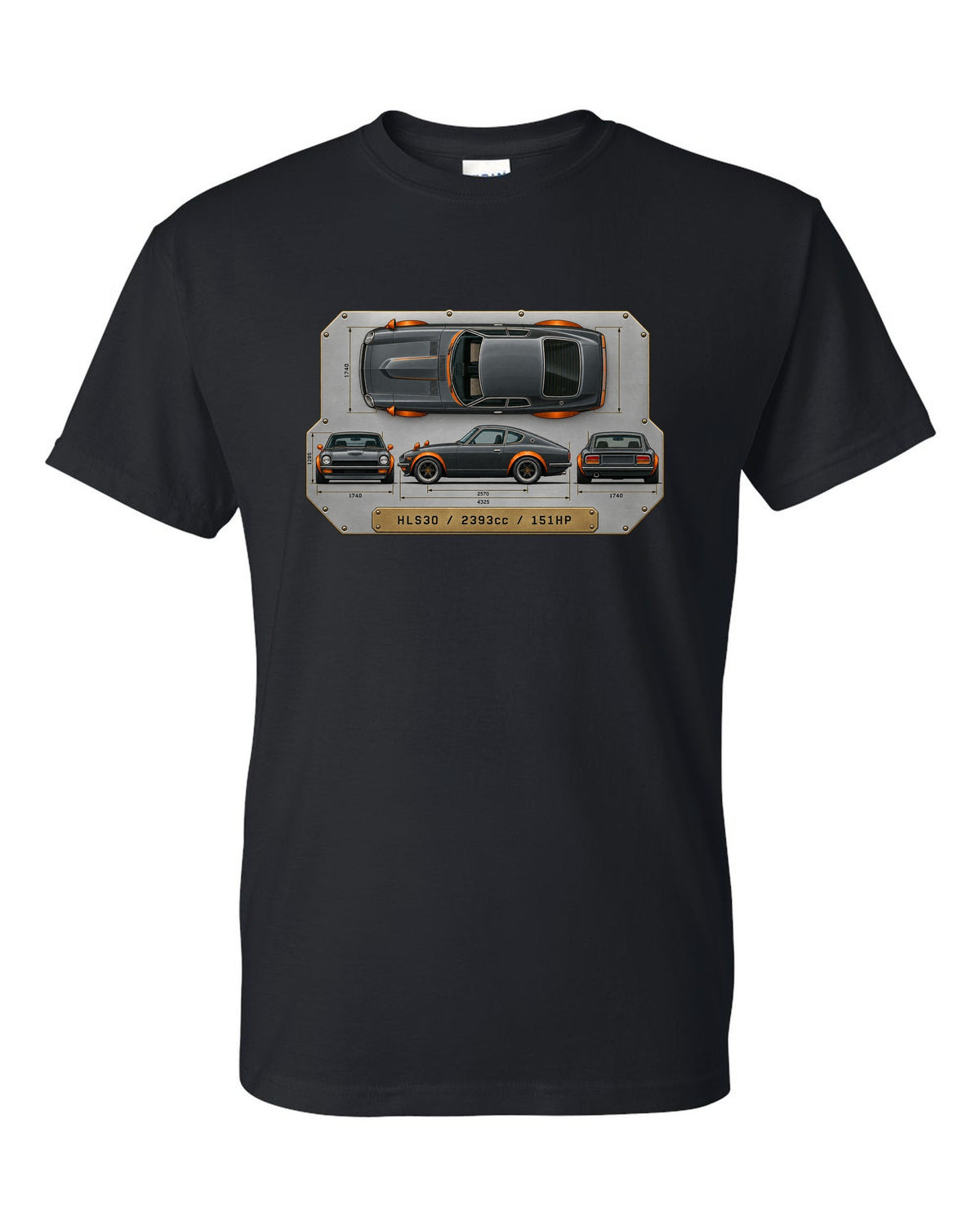 Top-down spec plate print of a Datsun 240Z HLS30 with 2393cc and 151HP black t-shirt front view with the design