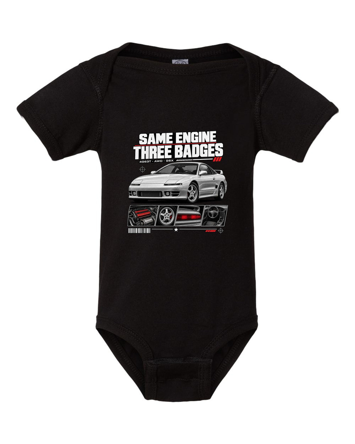 Mitsubishi Eclipse GSX 2G dossier panels with same engine three badges 4G63T text black baby onesie front view with the design