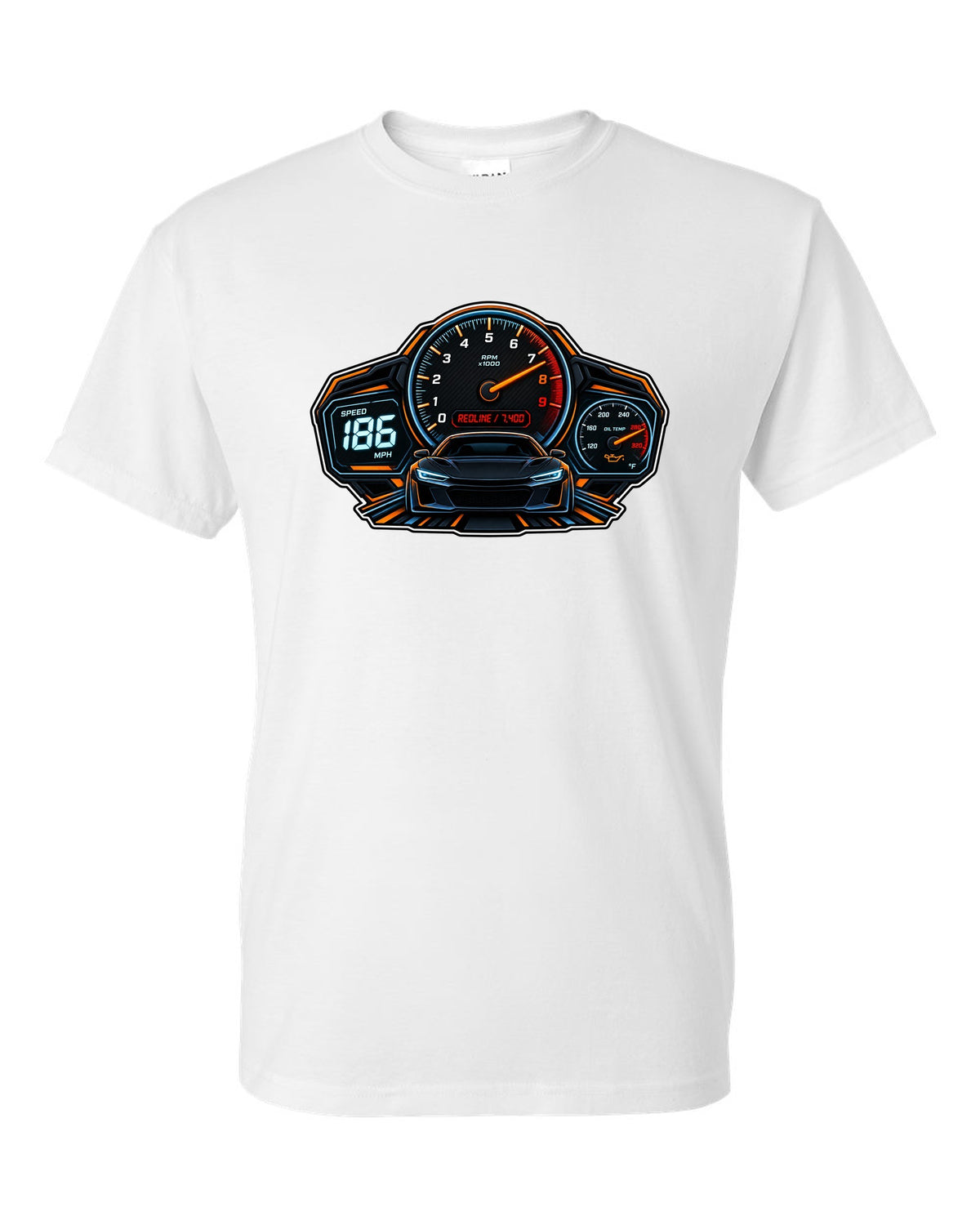 Gauge cluster HUD illustration for a Toyota GR86 ZN8 with Redline 7,400 lettering white t-shirt front view with the design