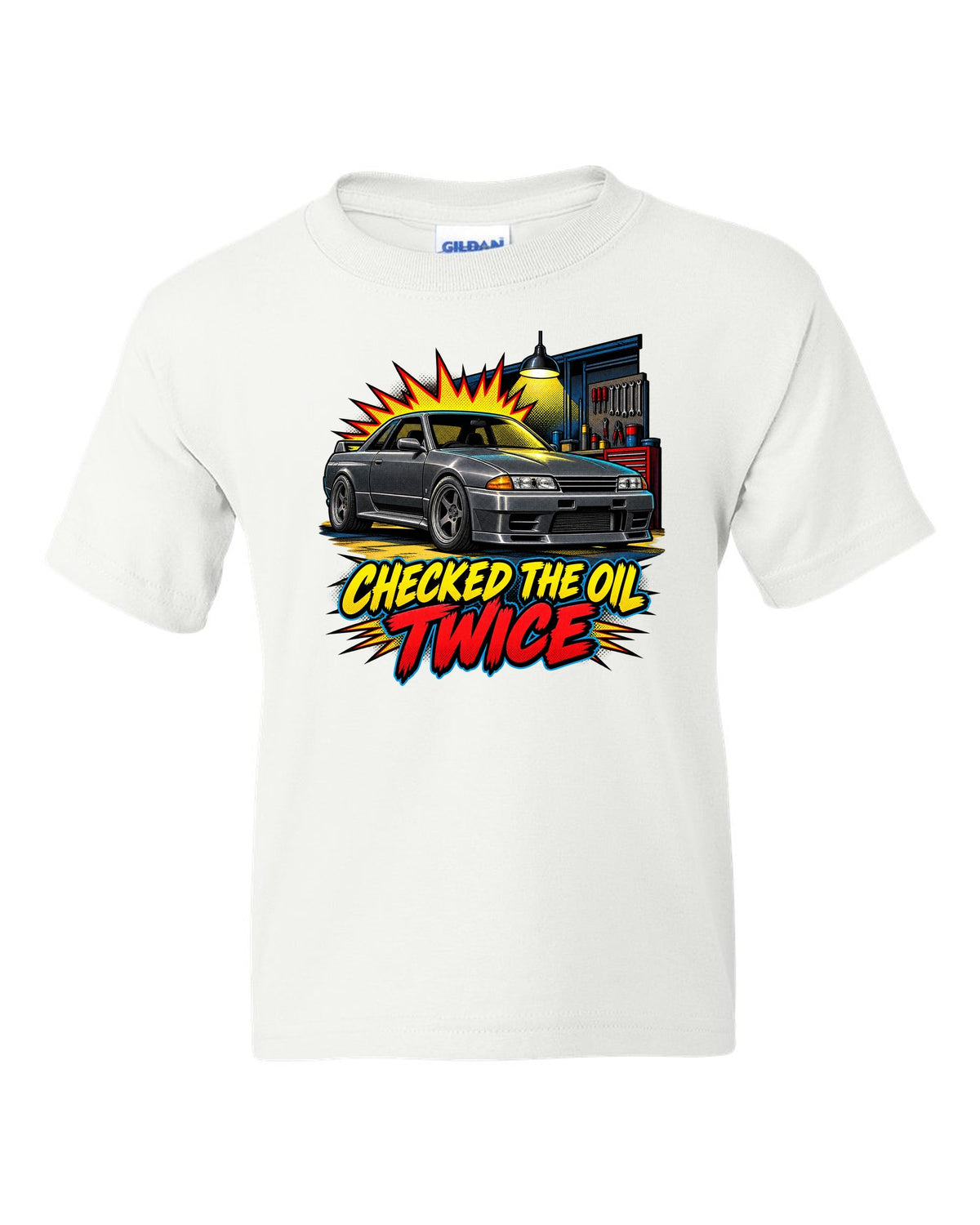 Comic halftone pop-art print of a Nissan Skyline GT-R R32 BNR32 in a garage white kids tee front view with the design