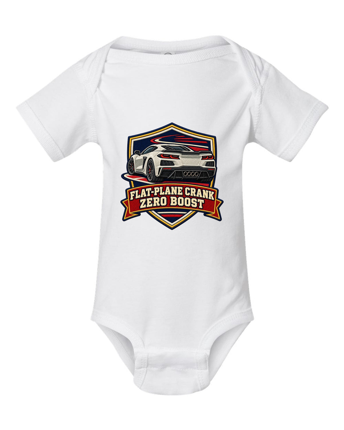 Graffiti street stencil of a 2019 C7 ZR1 Corvette with supercharger window on a wall white baby onesie front view with the design