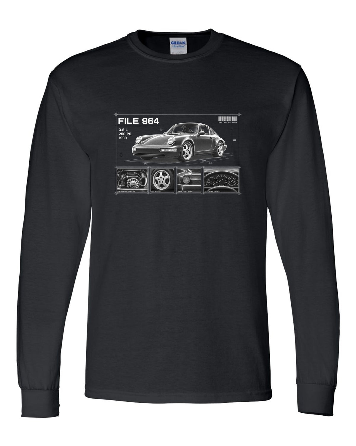 Dossier panel print of a Porsche 911 964 Carrera 2 with File 964 3.6 L 250 PS lettering black long sleeve front view with the design
