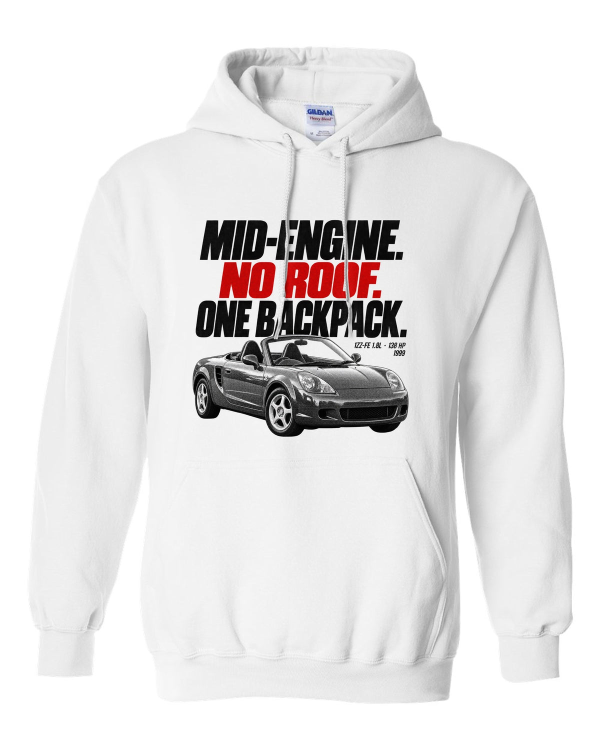 Halftone print of a Toyota MR2 Spyder W30 MR-S with the text Mid-Engine No Roof One Backpack white pull over hoodie front view with the design