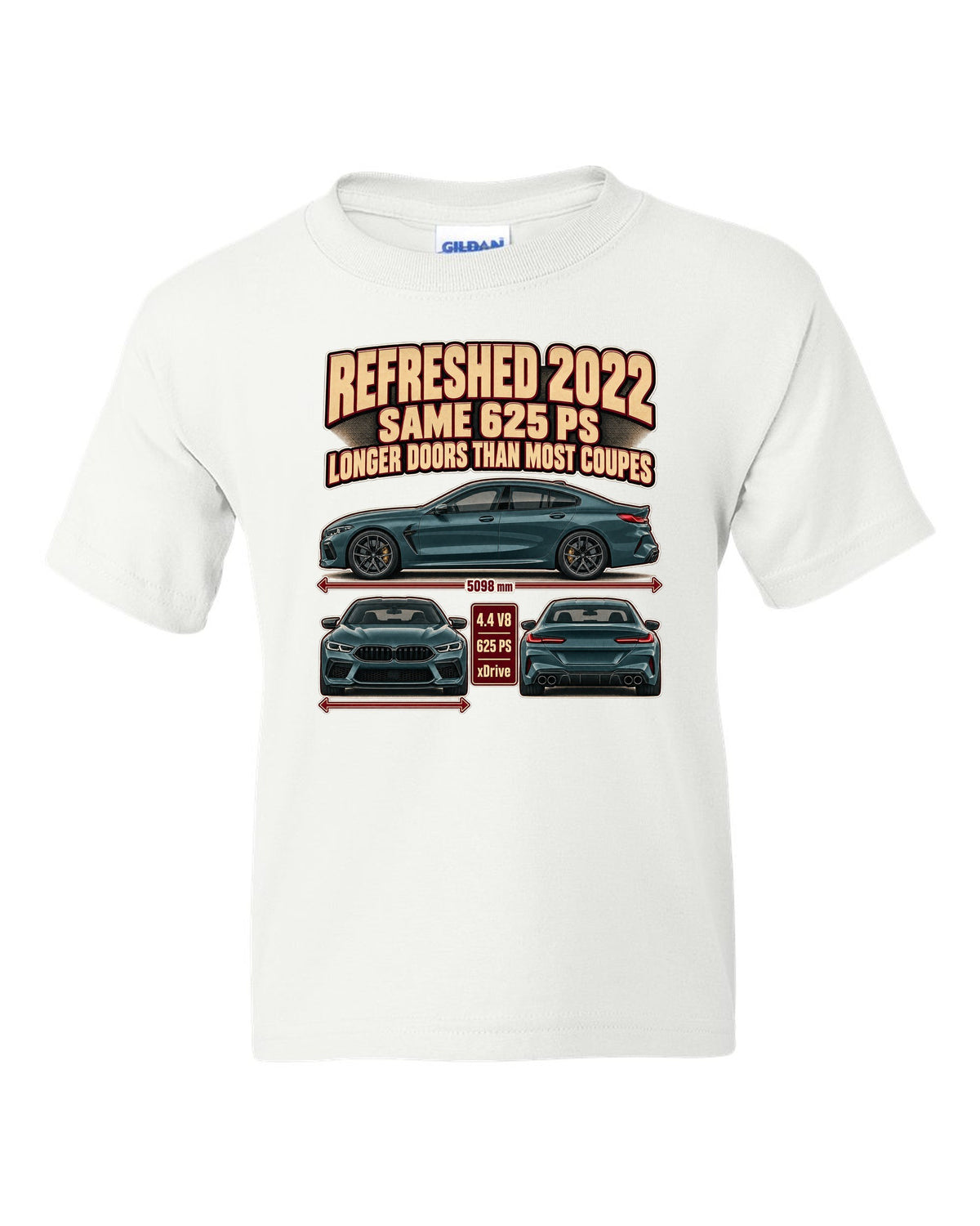 BMW M8 Competition Gran Coupe F93 2022 three-view print on a tee white kids tee front view with the design