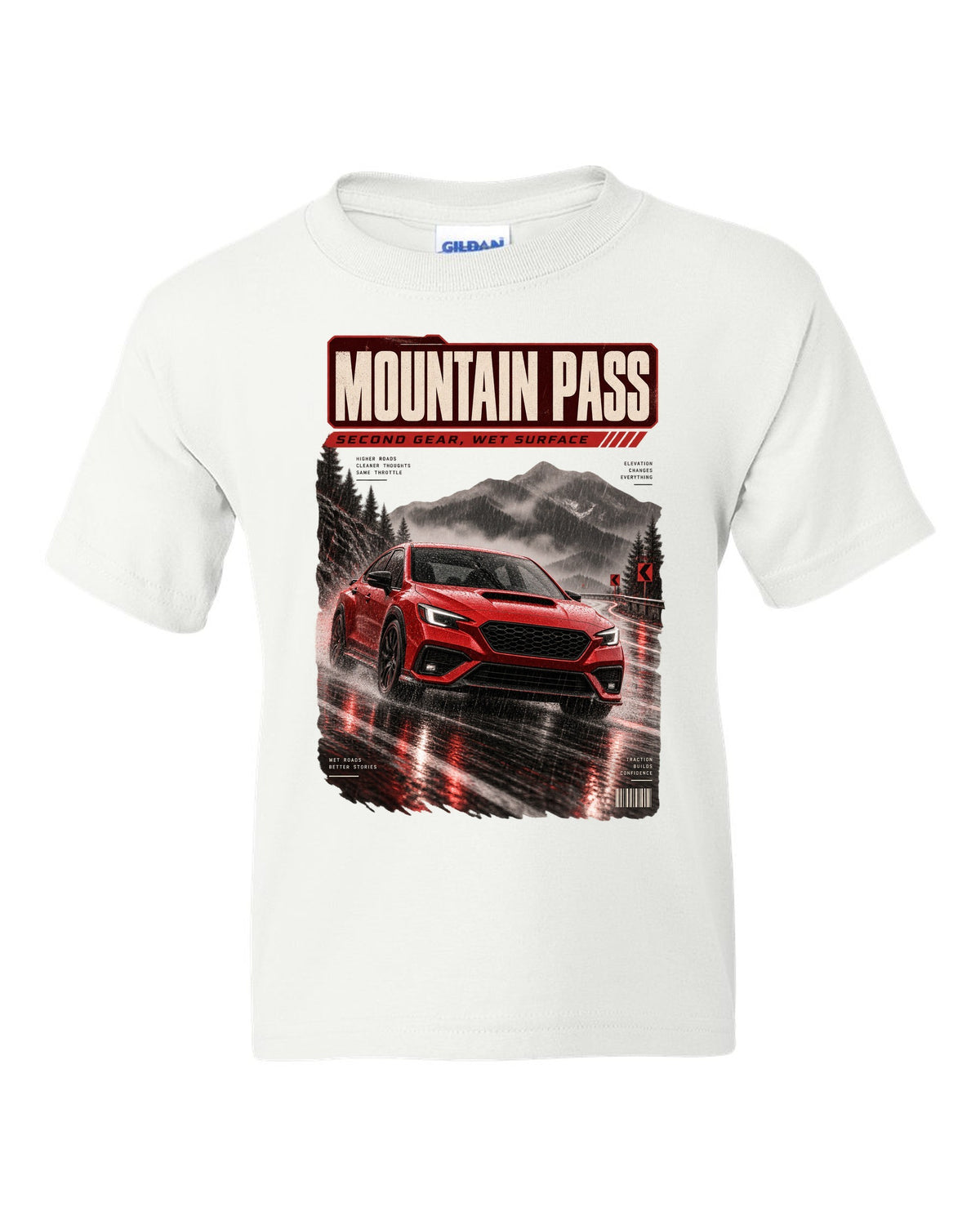 Red-orange monochrome Subaru WRX VB sedan on a wet mountain pass at night, poster-style print white kids tee front view with the design