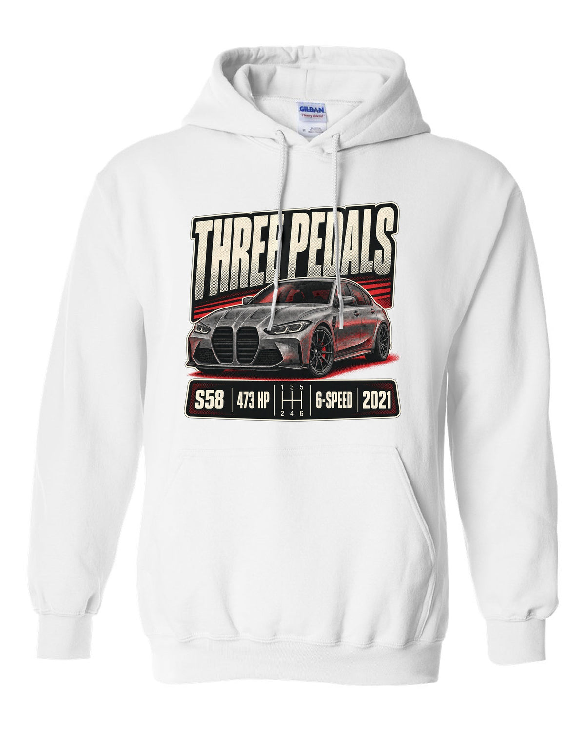 BMW M3 G80 six-speed manual halftone print with three pedals text white pull over hoodie front view with the design