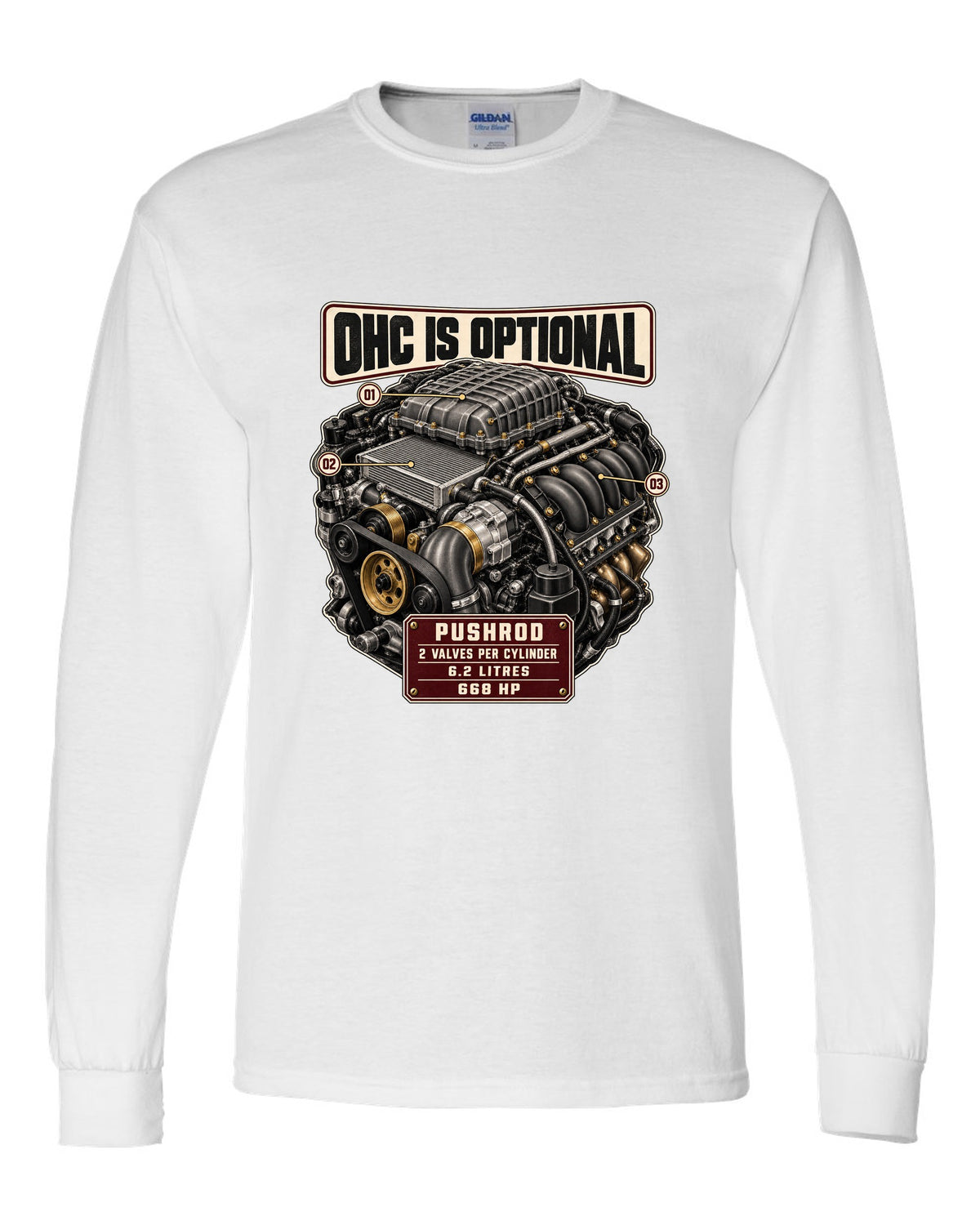 print of the Cadillac LT4 6.2L supercharged V8 engine from the CT5-V Blackwing white long sleeve front view with the design