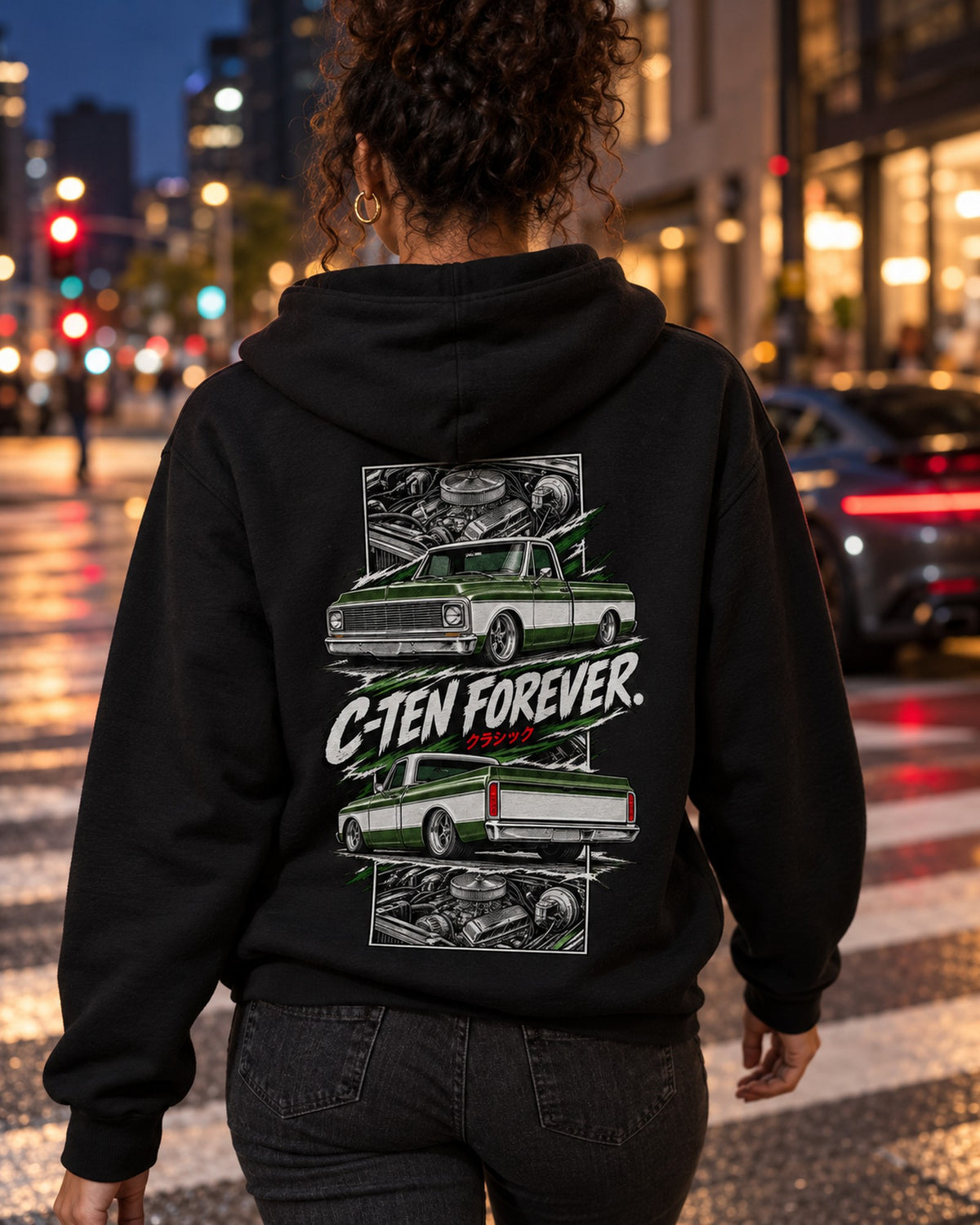 Chevy C10 1972 Torn Poster Full-Back Graphic Tee Pull Over Hoodie Black worn hero