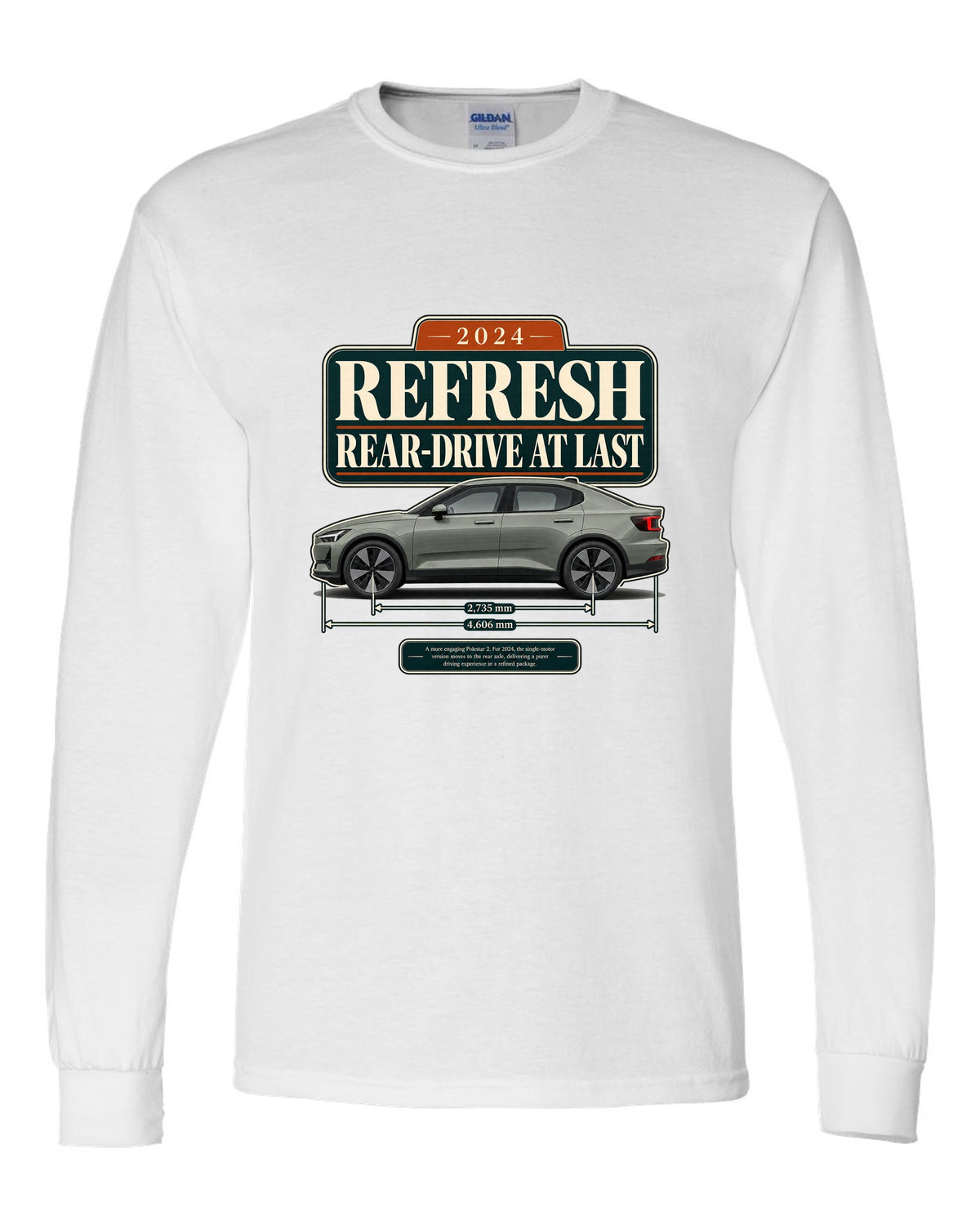 Polestar 2 2024 refresh editorial headline print on a shirt white long sleeve front view with the design