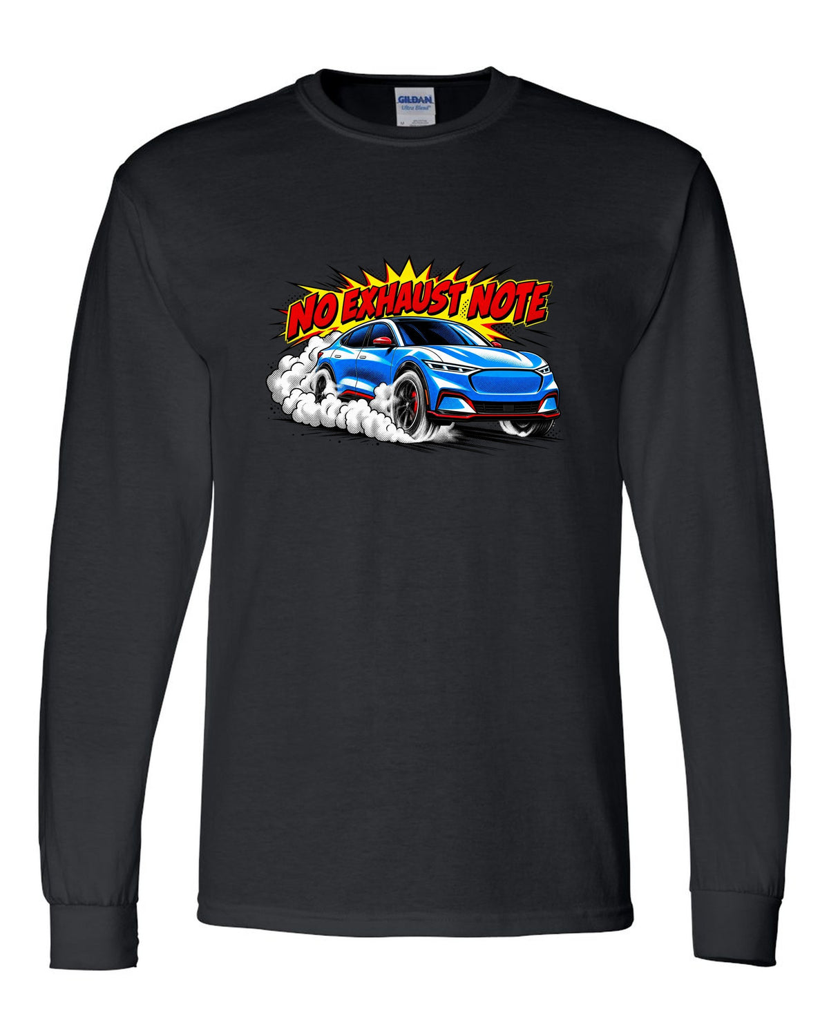 Comic halftone pop-art print of a 2020 Mustang Mach-E CX727 burnout reading No Exhaust Note black long sleeve front view with the design