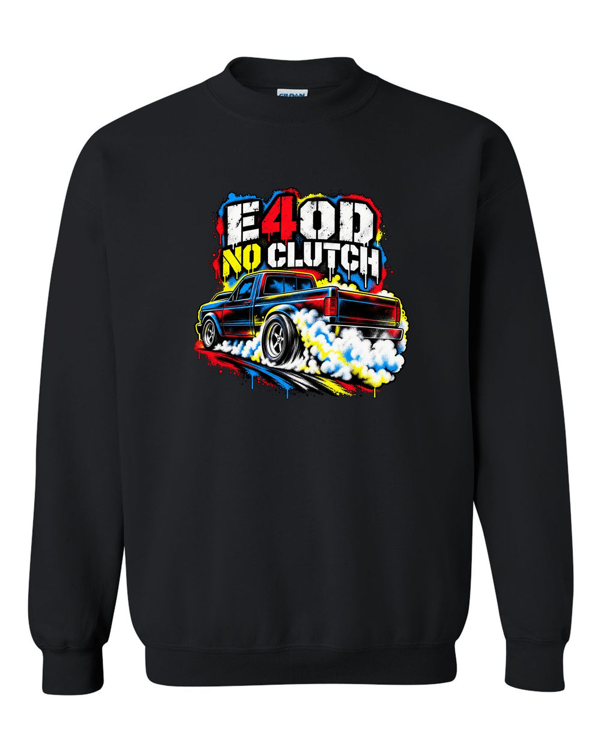 Ford F-150 SVT Lightning first gen burnout in a stencil spray print black crewneck front view with the design