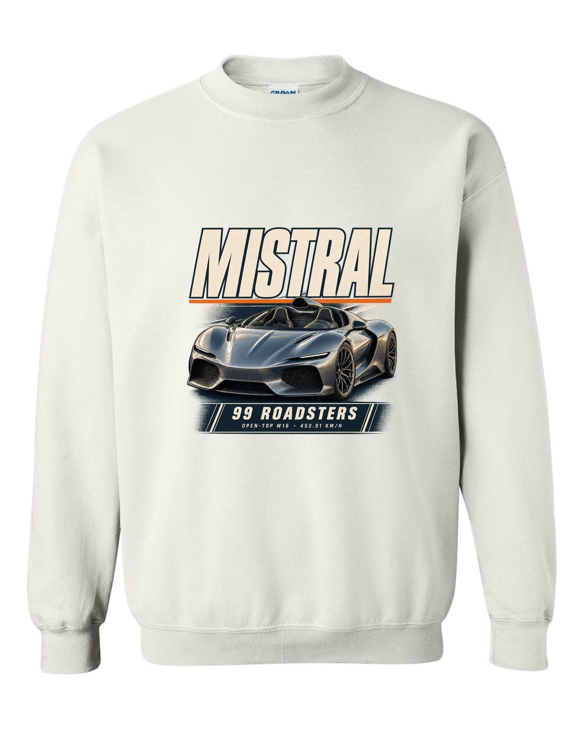 Editorial headline poster of the Bugatti Mistral open-top roadster, print white crewneck front view with the design