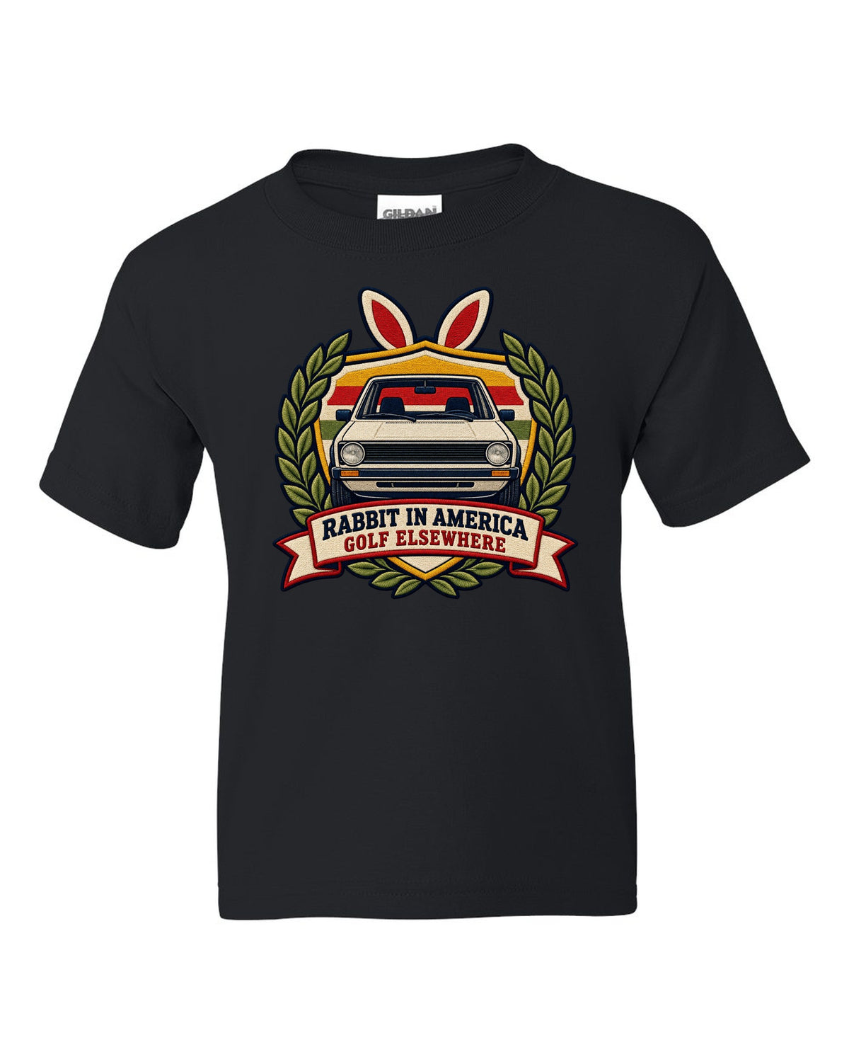 Varsity crest print of a VW Golf Mk1 Rabbit with Golf elsewhere text black kids tee front view with the design