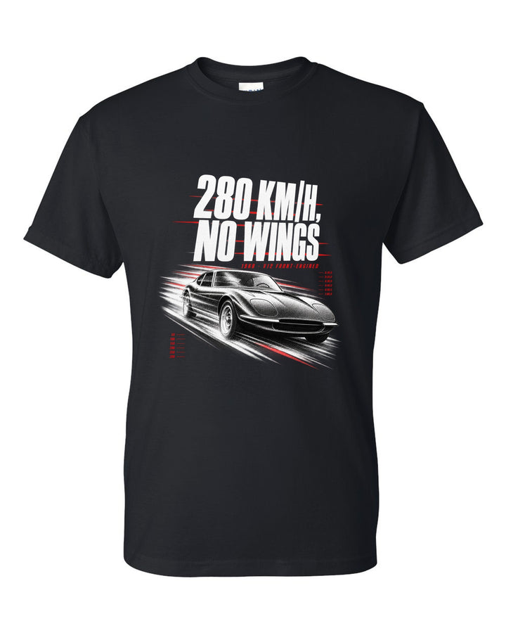 Race poster print of a Ferrari 365 GTB/4 Daytona with 280 km/h, no wings, 1968, V12 front-engined black t-shirt front view with the design