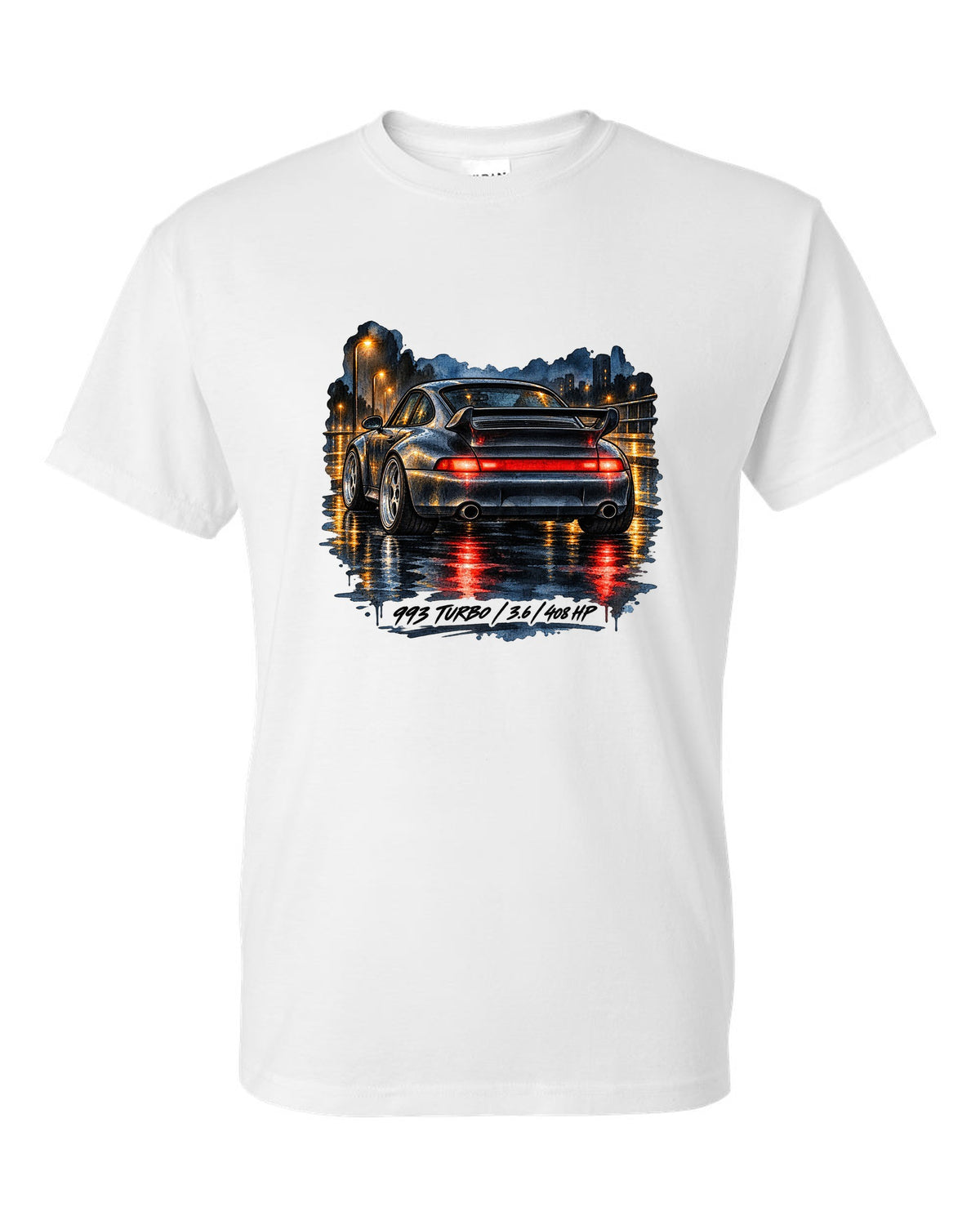 Spec sheet data plate design for the 1978 Porsche 911 Turbo 3.3 930 white t-shirt front view with the design