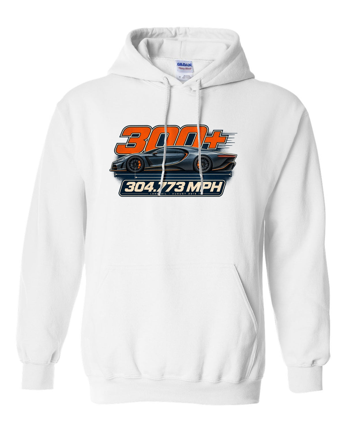 Spec poster of the Bugatti Chiron Super Sport 300+ with 304.773 mph text, print white pull over hoodie front view with the design