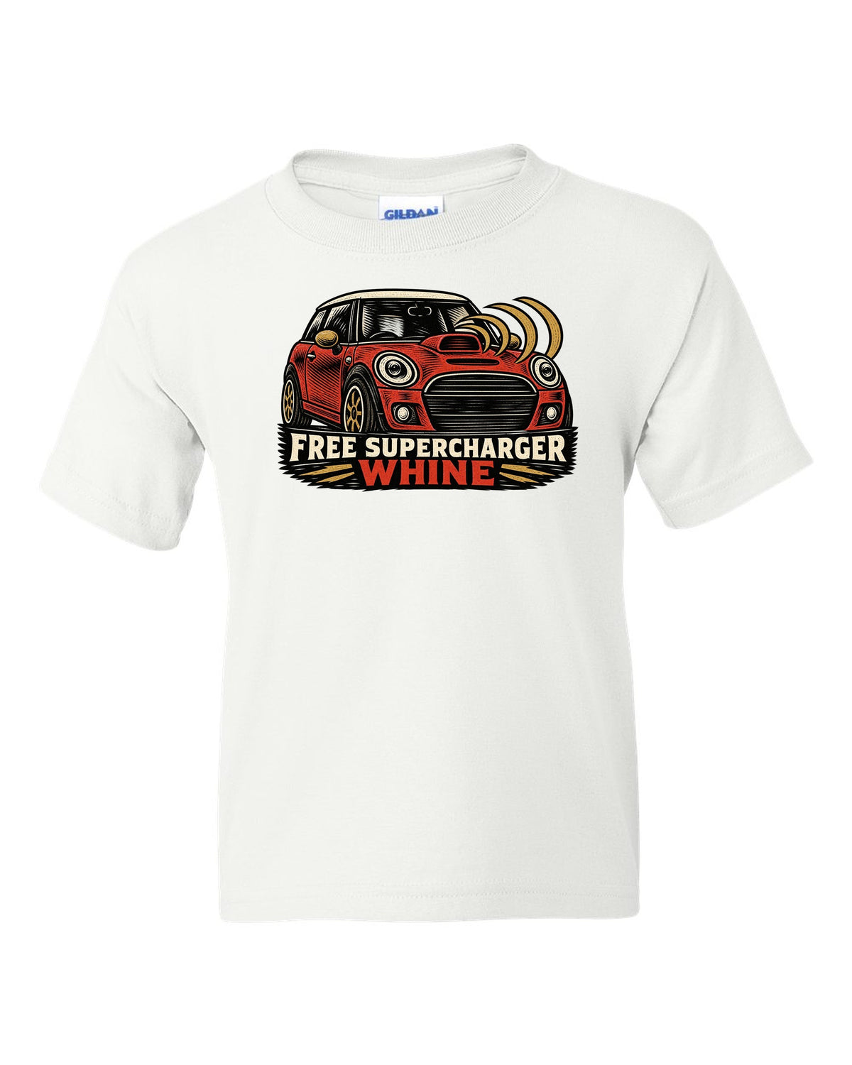 Linocut woodcut print of a Mini Cooper S R53 with the words free supercharger whine white kids tee front view with the design