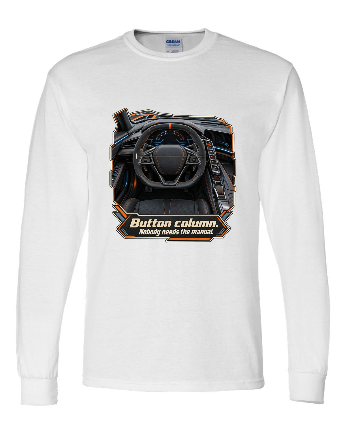 print of a Chevrolet Corvette C8 ZR1 cockpit with gauges and button column text white long sleeve front view with the design