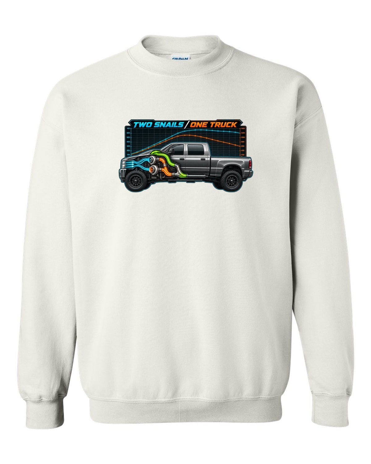 Dyno chart and gauge print of a 2003-2009 Dodge Ram 2500 Cummins compound turbo with two snails one truck text white crewneck front view with the design