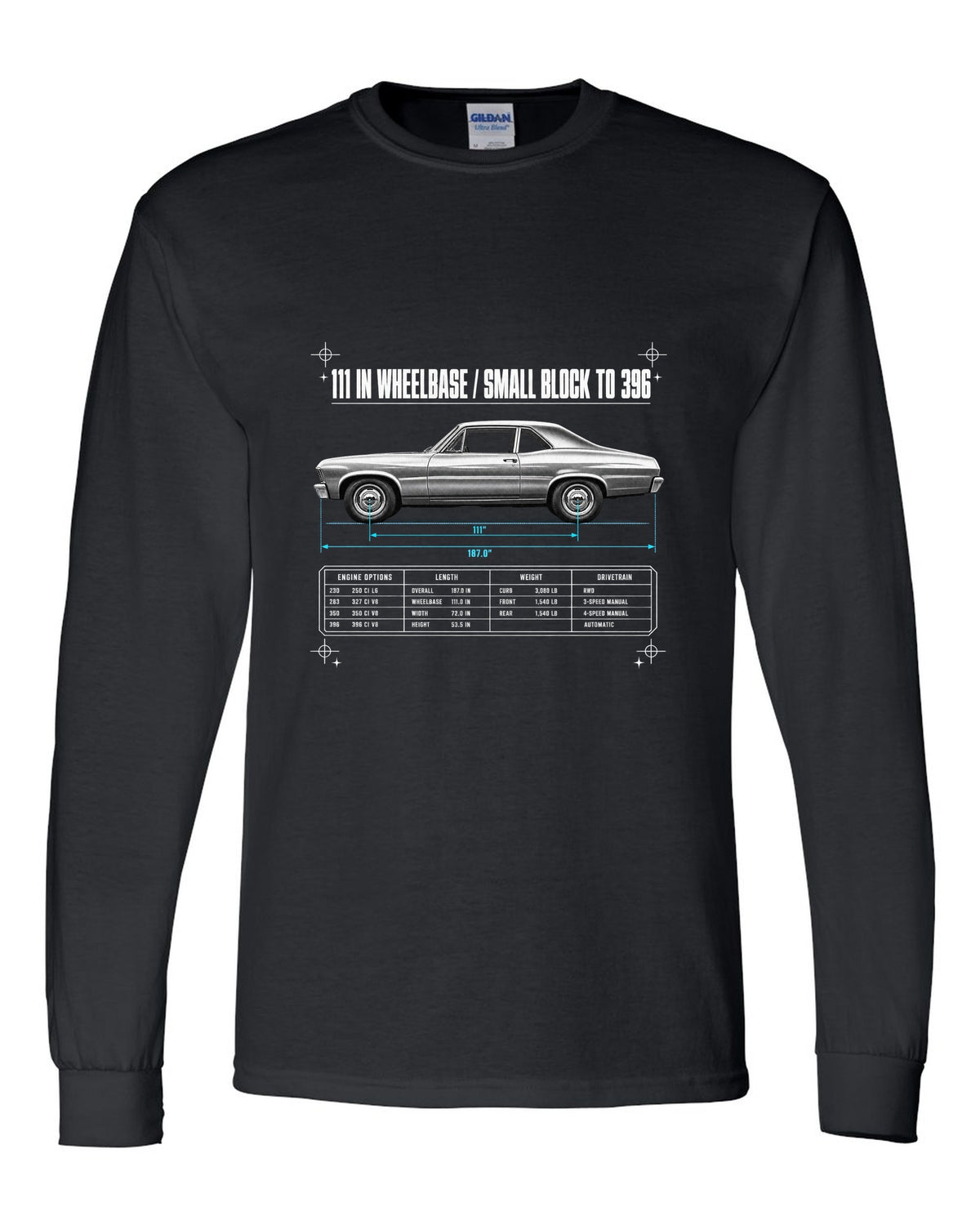 1968 Nova X-Body Spec Poster black long sleeve front view with the design