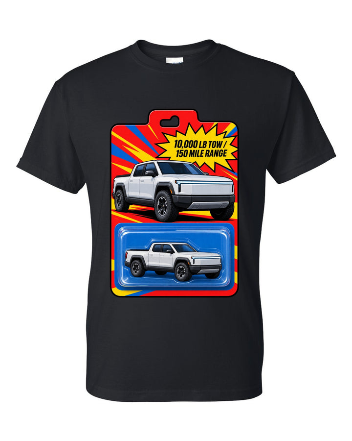 Ford F-150 Lightning toy blister card layout print with 10,000 lb tow and 150 mile range black t-shirt front view with the design