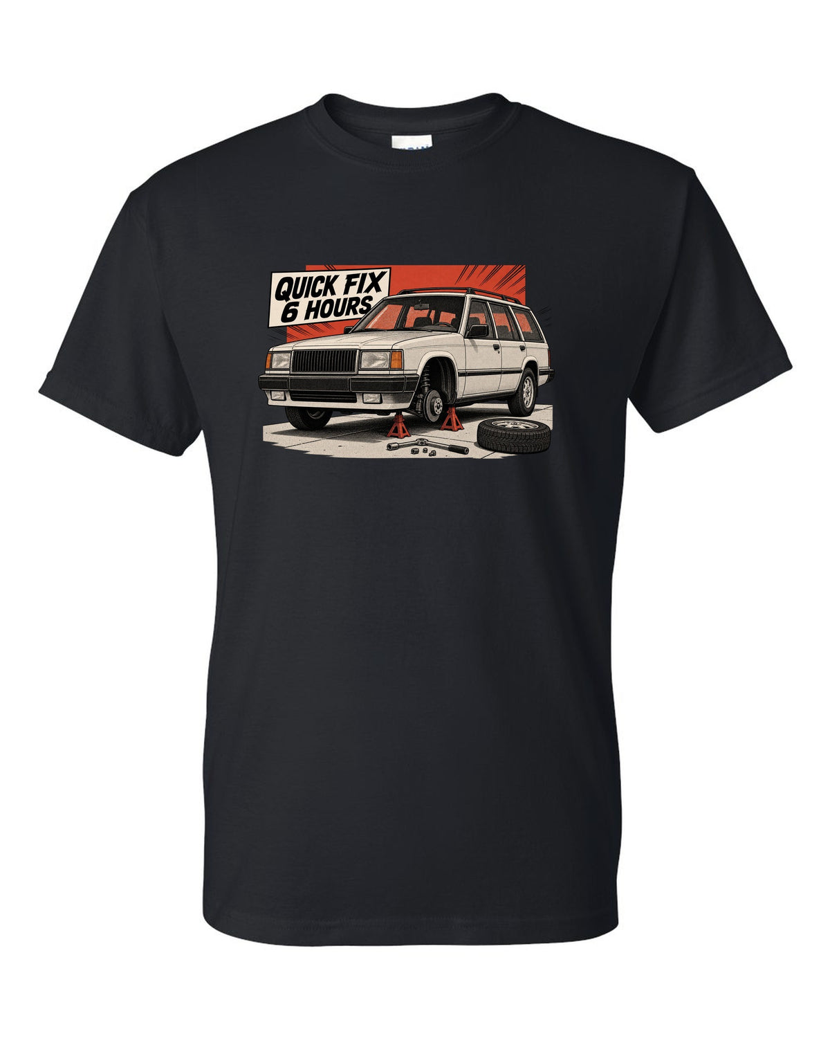 Retro manga halftone panel of a Jeep Cherokee XJ on jack stands with Quick Fix 6 Hours text black t-shirt front view with the design