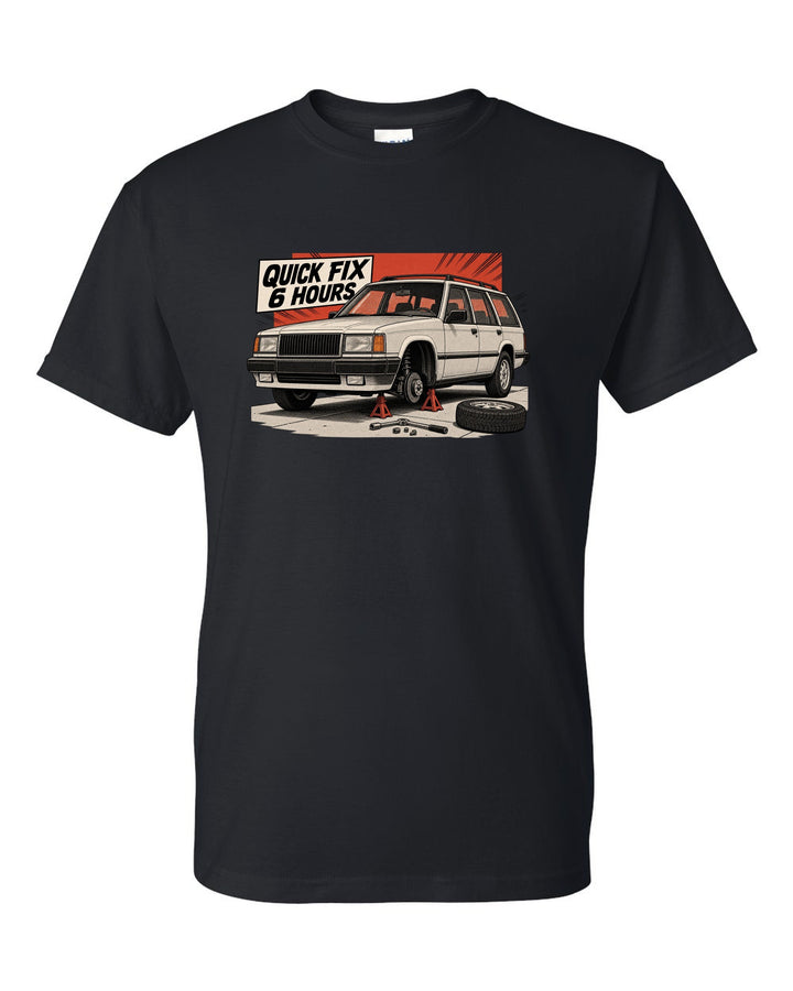Retro manga halftone panel of a Jeep Cherokee XJ on jack stands with Quick Fix 6 Hours text black t-shirt front view with the design