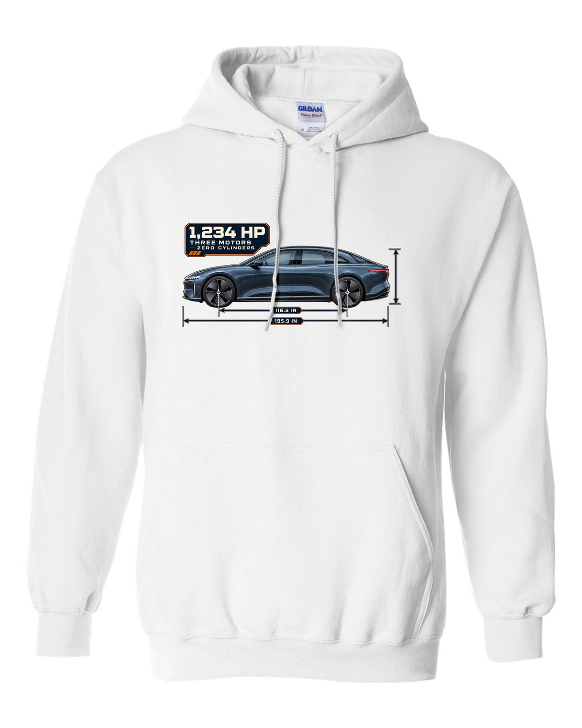 Dimension blueprint print of a Lucid Air Sapphire 2023 white pull over hoodie front view with the design