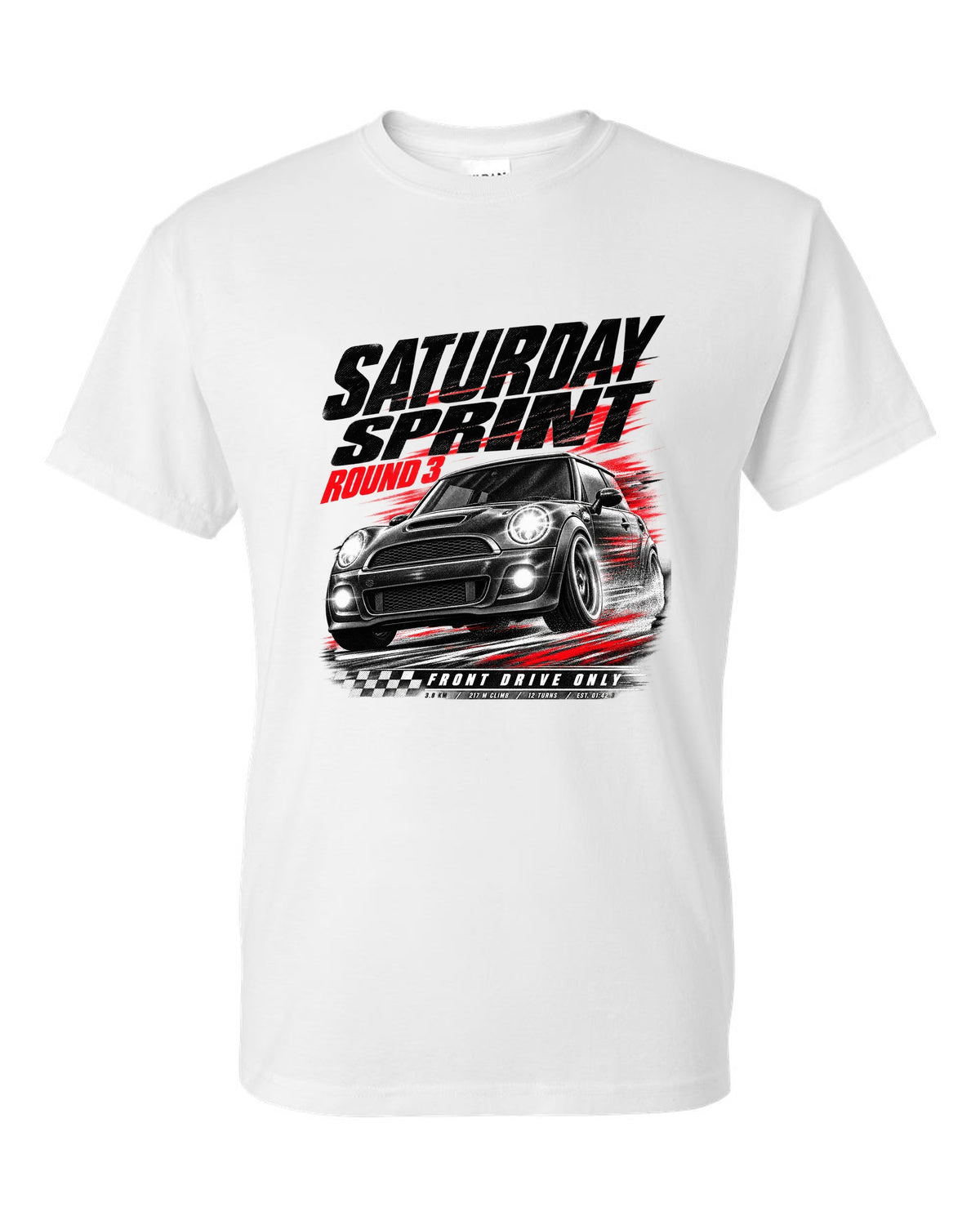 Race poster print of a Mini Cooper JCW R56 front three-quarter at a Saturday sprint round three white t-shirt front view with the design