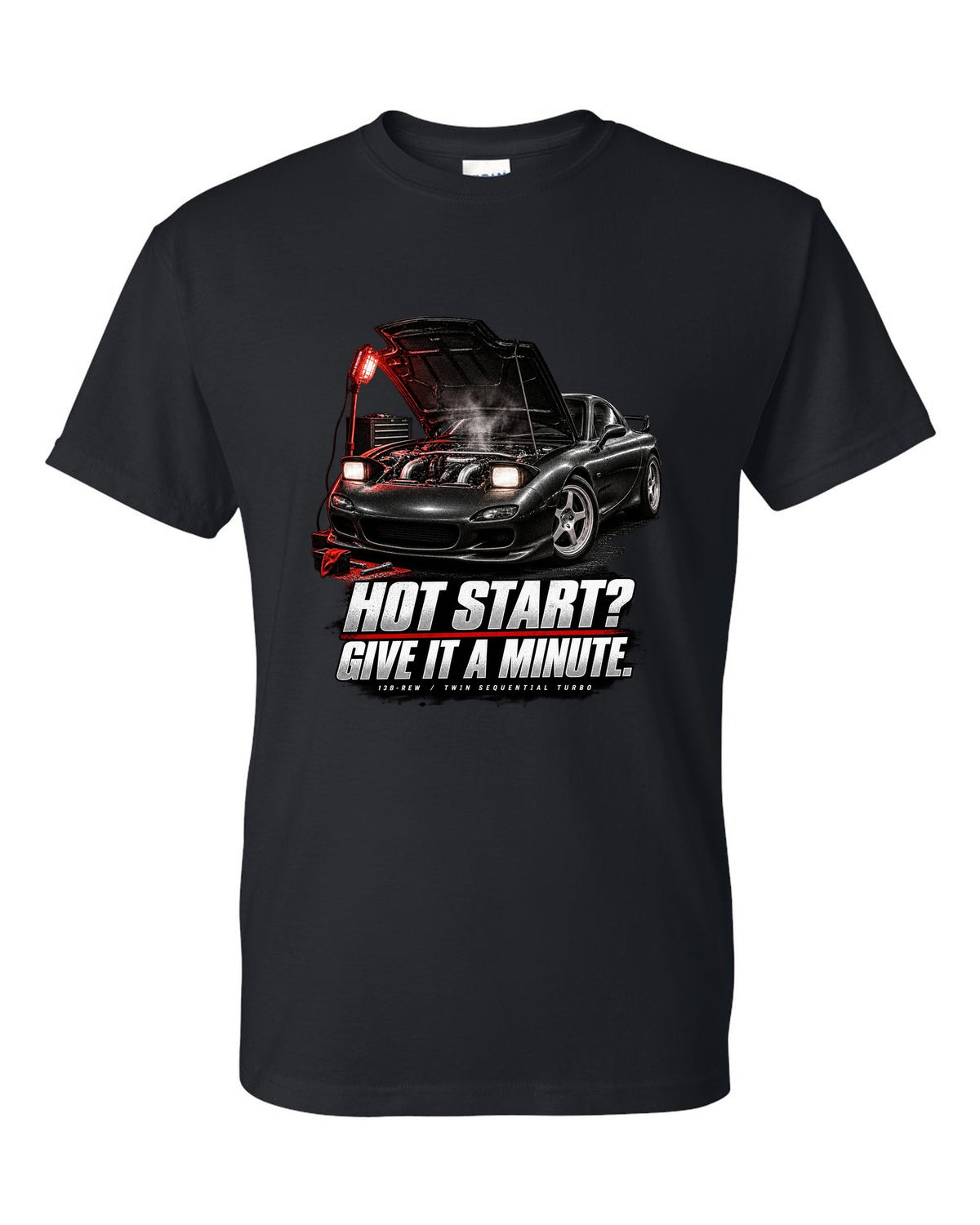 Garage night print of a Mazda RX-7 FD3S with hot start joke and 13B-REW lettering black t-shirt front view with the design