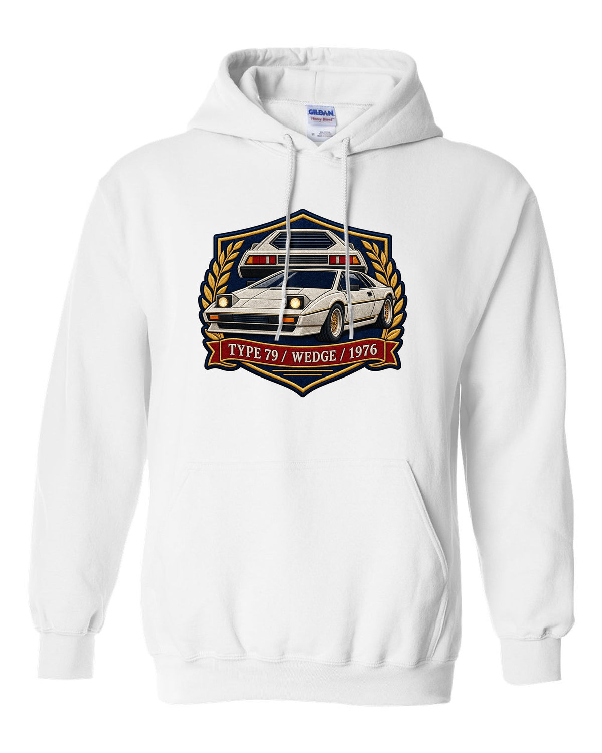 Lotus Esprit Type 79 varsity crest with TYPE 79 WEDGE 1976 lettering white pull over hoodie front view with the design