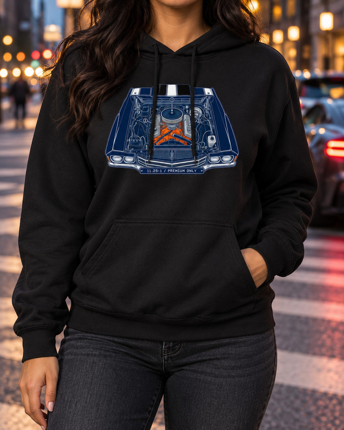 Chevrolet Chevelle SS LS6 1970 Engine Bay Blueprint Shirt Pull Over Hoodie Black worn hero