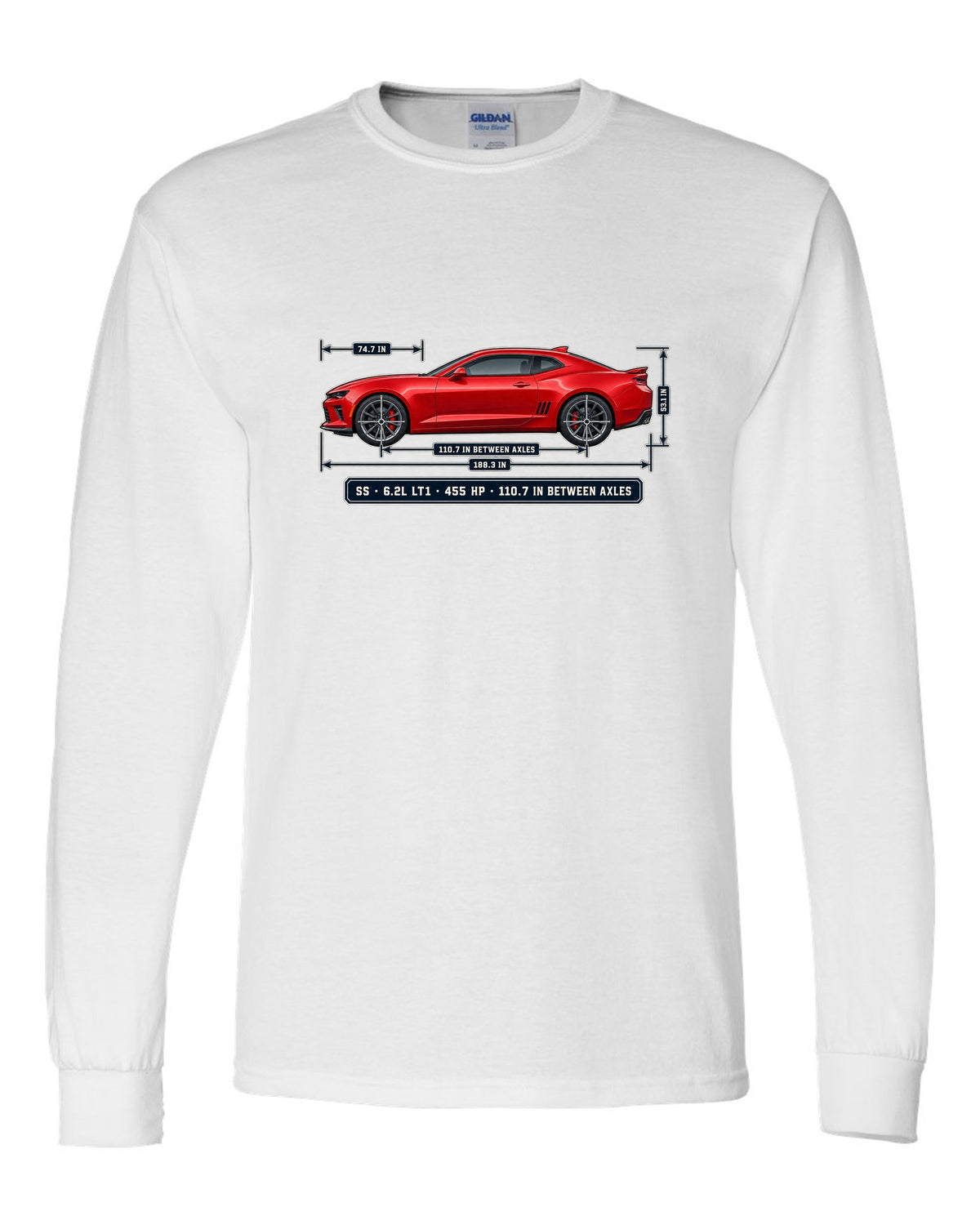 Dimension blueprint print of a 6th generation Chevrolet Camaro SS coupe white long sleeve front view with the design