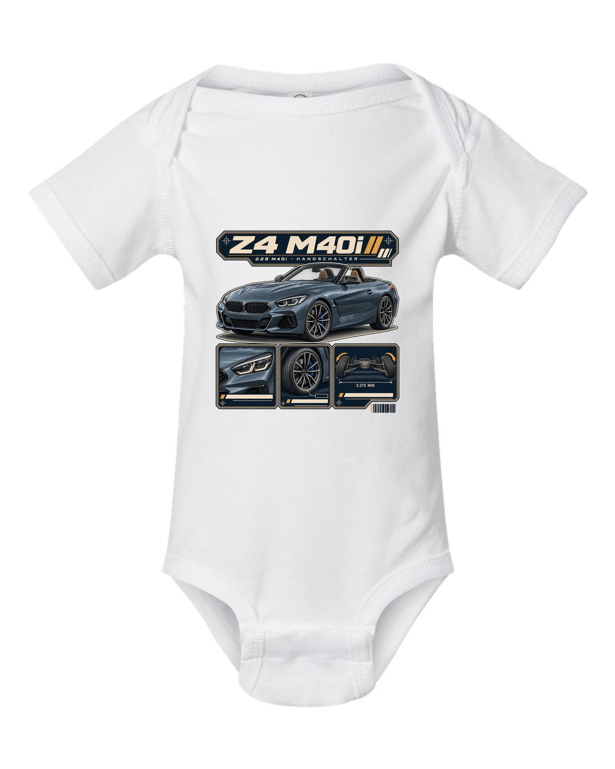 Dossier panel print of the BMW i7 M70 G70 noting rear wheel steering white baby onesie front view with the design
