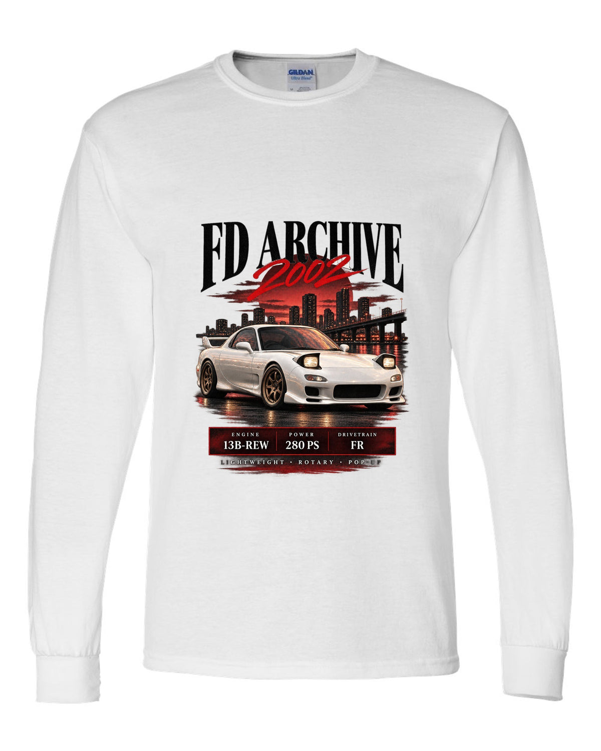 Archive panel print of the Mazda RX-7 FD3S Spirit R 2002 with spec lettering white long sleeve front view with the design