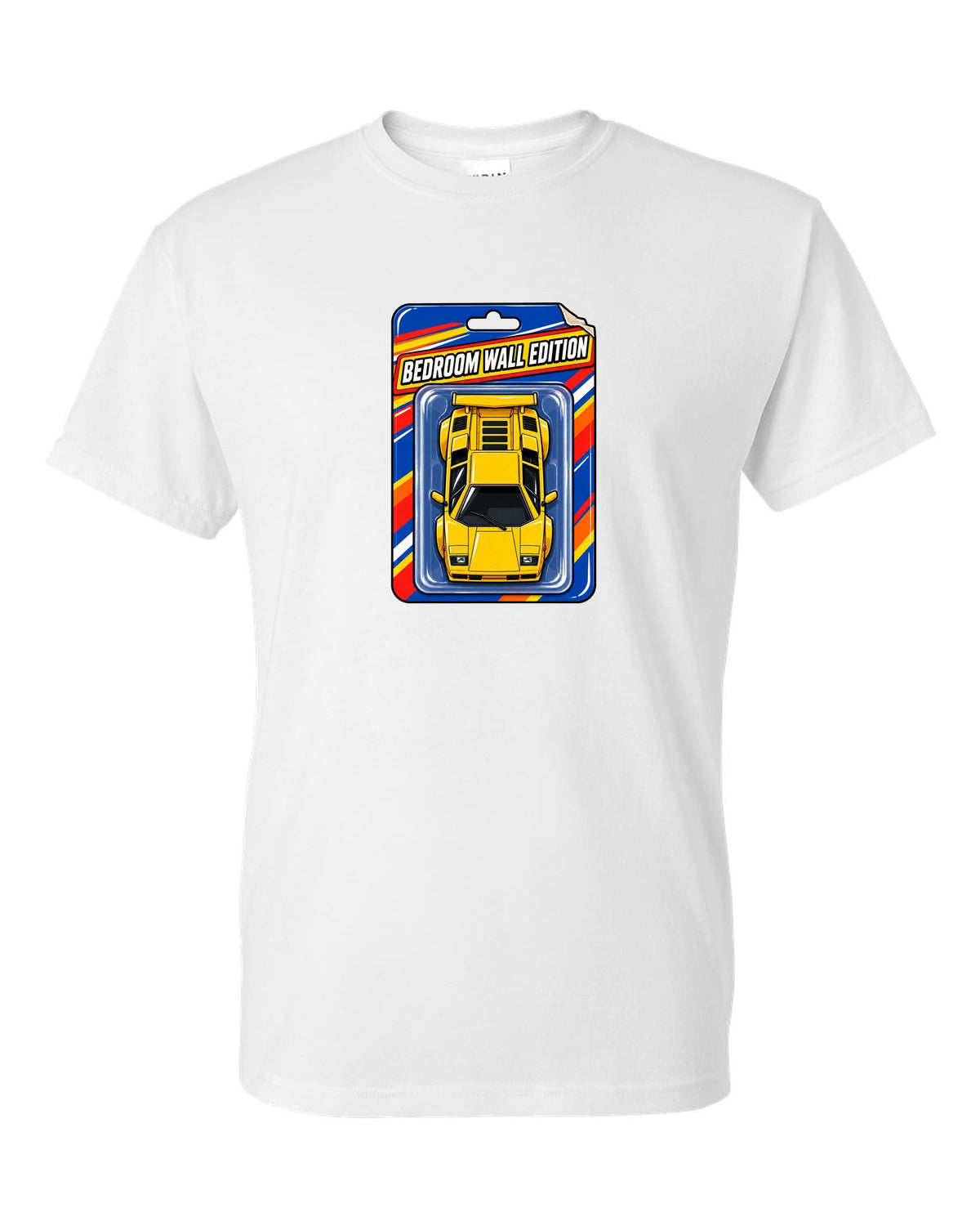 Top-down Lamborghini Countach LP400 S on a toy blister card labelled Bedroom Wall Edition white t-shirt front view with the design