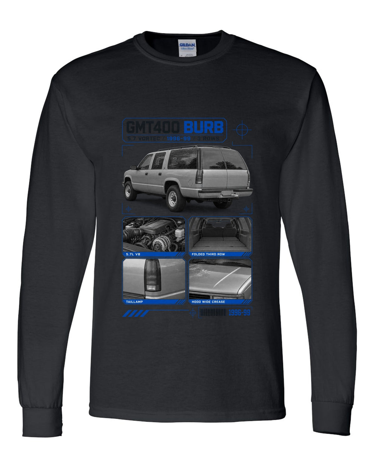 Dossier print of a 1992-99 Chevrolet GMT400 Suburban in a rear three-quarter view black long sleeve front view with the design