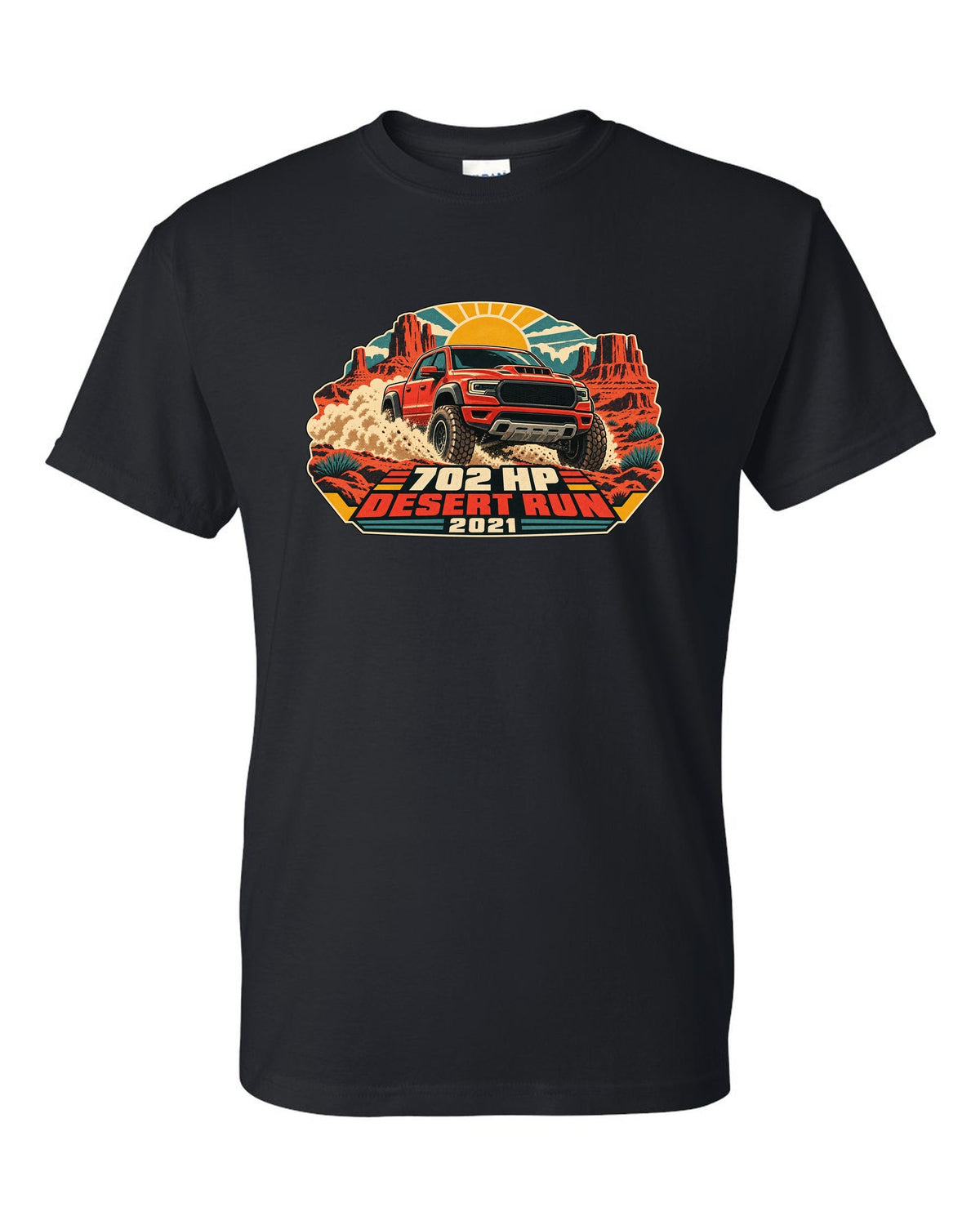 Vintage desert race poster print of a 2021 Ram 1500 TRX with 702 HP text black t-shirt front view with the design