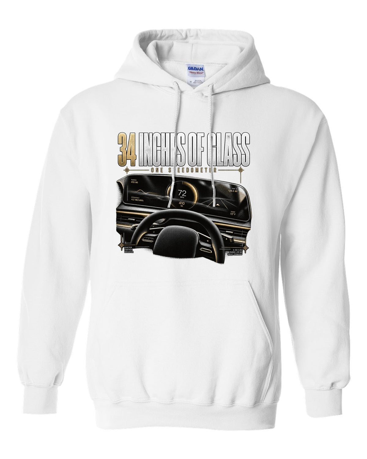 Lucid Air 2022 glass cockpit readout reading 34 inches of glass, one speedometer white pull over hoodie front view with the design