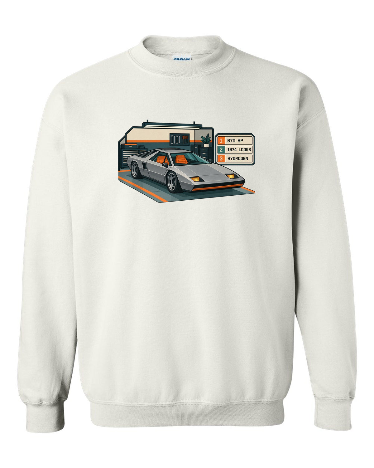Hyundai N Vision 74 concept spec-sheet data plate print with 670 HP and hydrogen text white crewneck front view with the design
