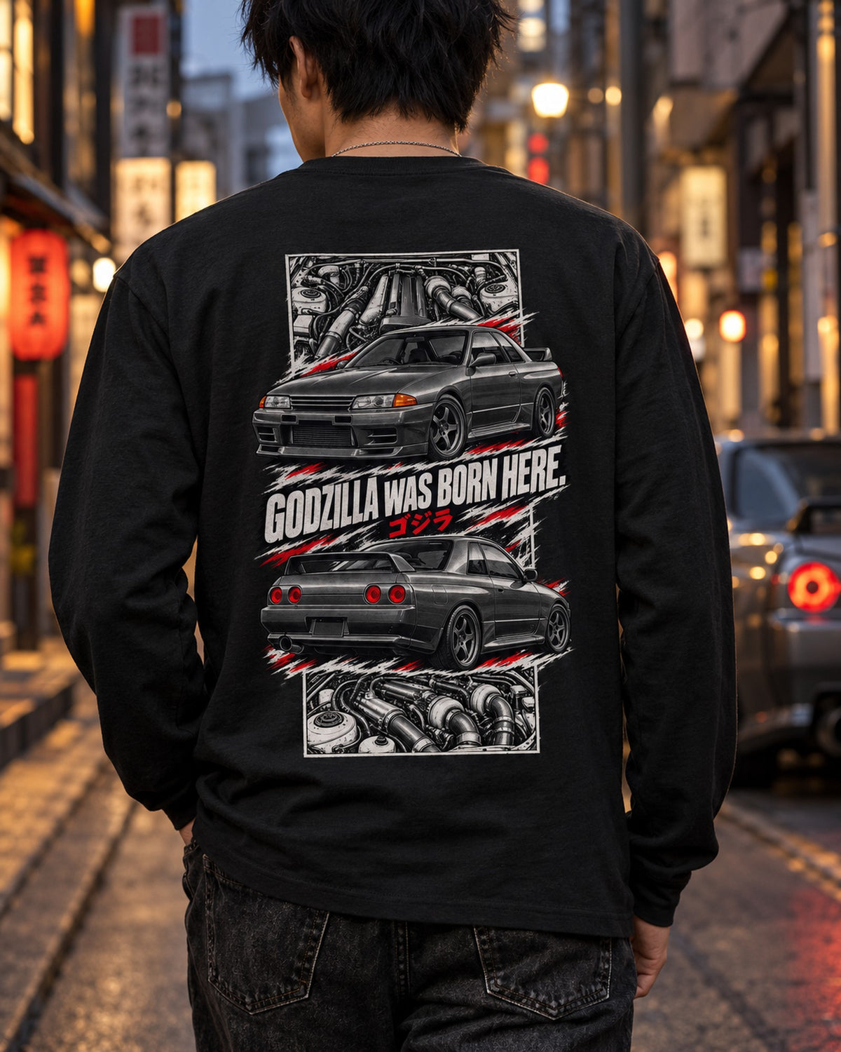 Nissan Skyline GT-R R32 Torn Poster Full-Back Graphic Tee Long Sleeve Black worn hero