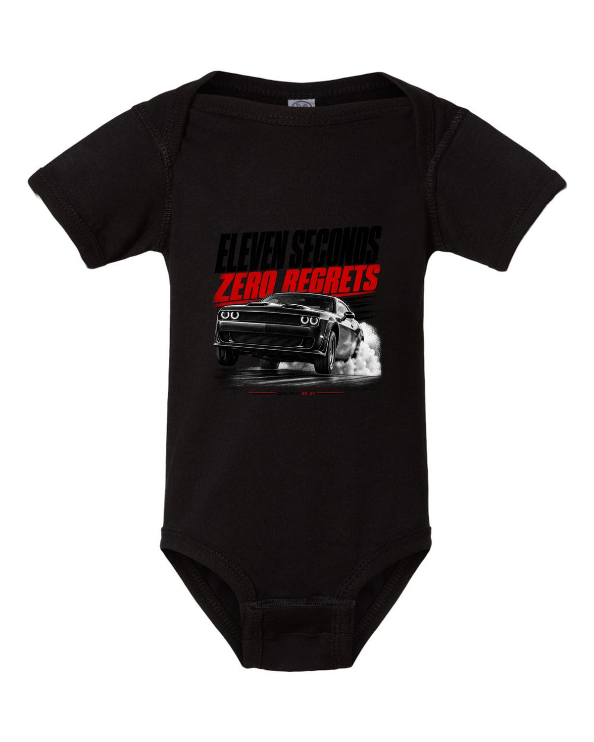 Race poster print of a 2019 Dodge Challenger Hellcat Redeye for Drag Night No. 07 black baby onesie front view with the design