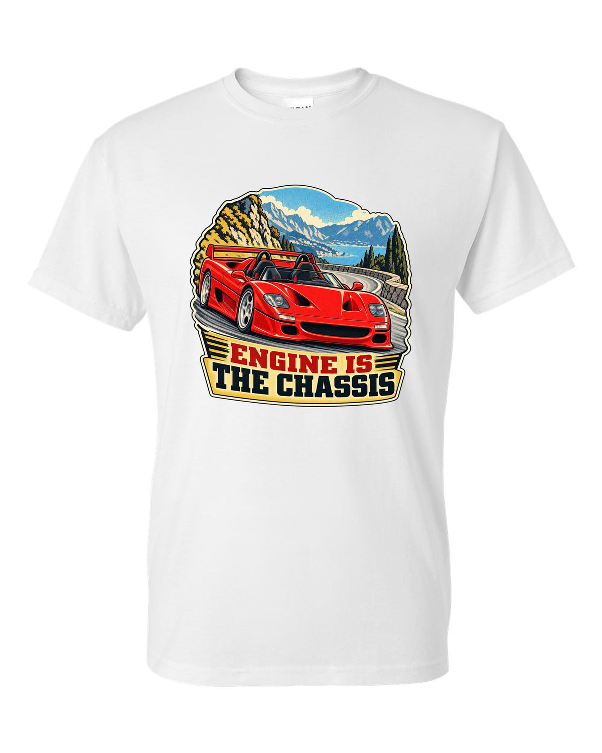 Retro race-programme print of a 1995 Ferrari F50 F130 with roof off on a mountain pass and engine is the chassis text white t-shirt front view with the design