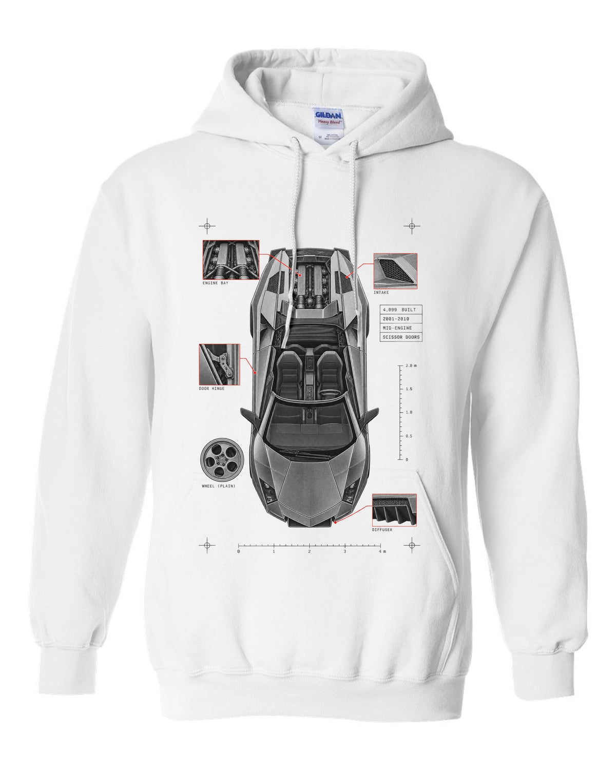 Spec poster print of a Lamborghini Murcielago LP640 Roadster with 4,099 built and scissor doors white pull over hoodie front view with the design