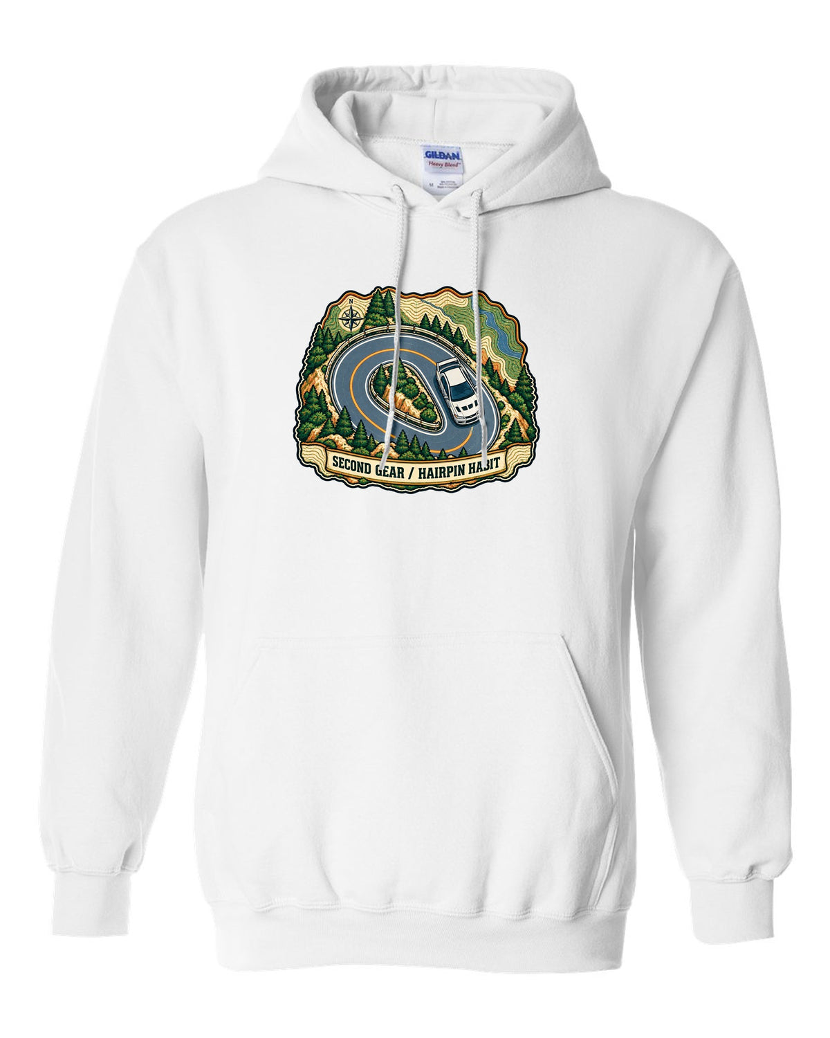 Topographic route map print for the Mitsubishi Evo VII CT9A with second gear hairpin habit text white pull over hoodie front view with the design