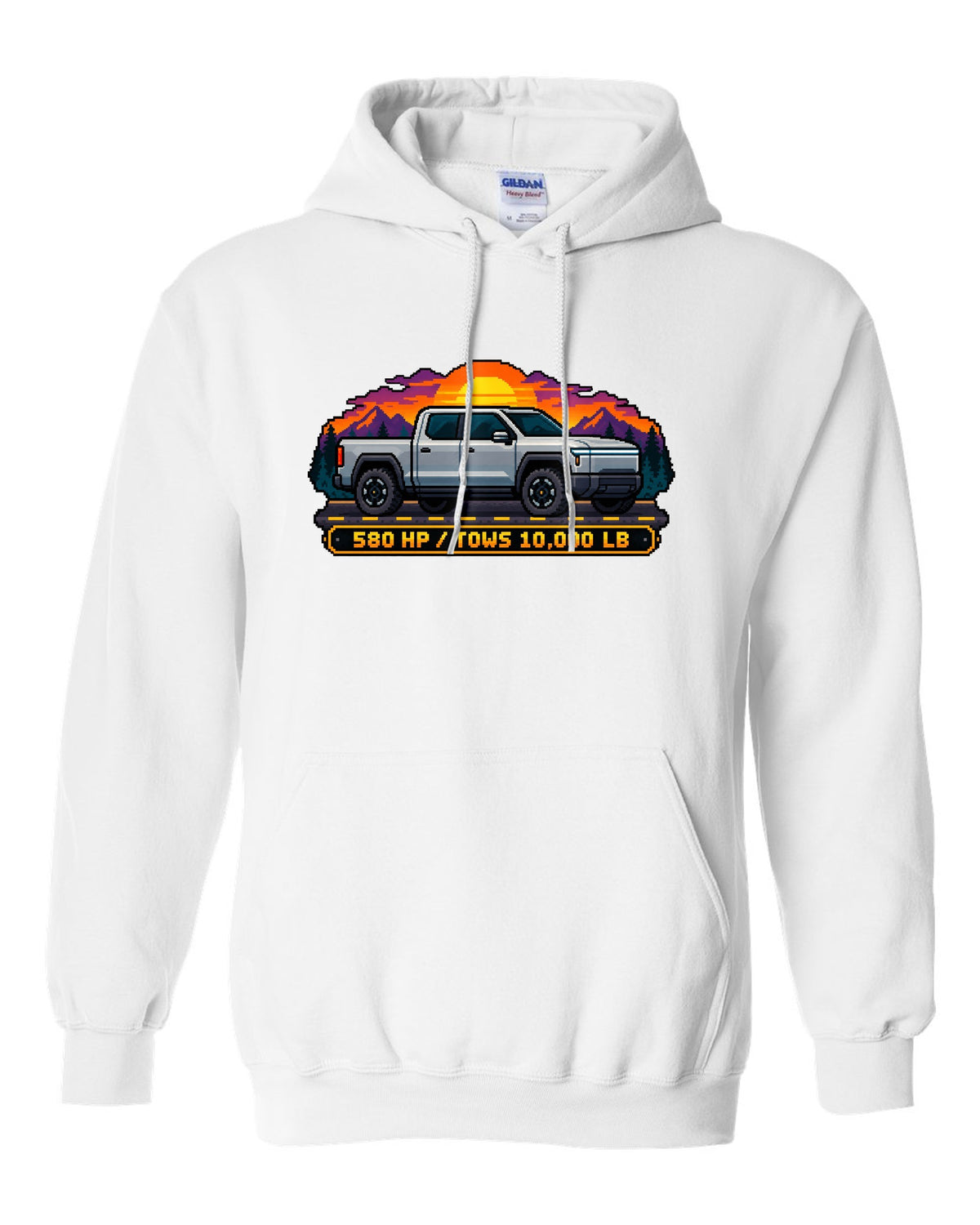 Ford F-150 Lightning 16-bit pixel art print with 580 HP and 10,000 lb towing text white pull over hoodie front view with the design