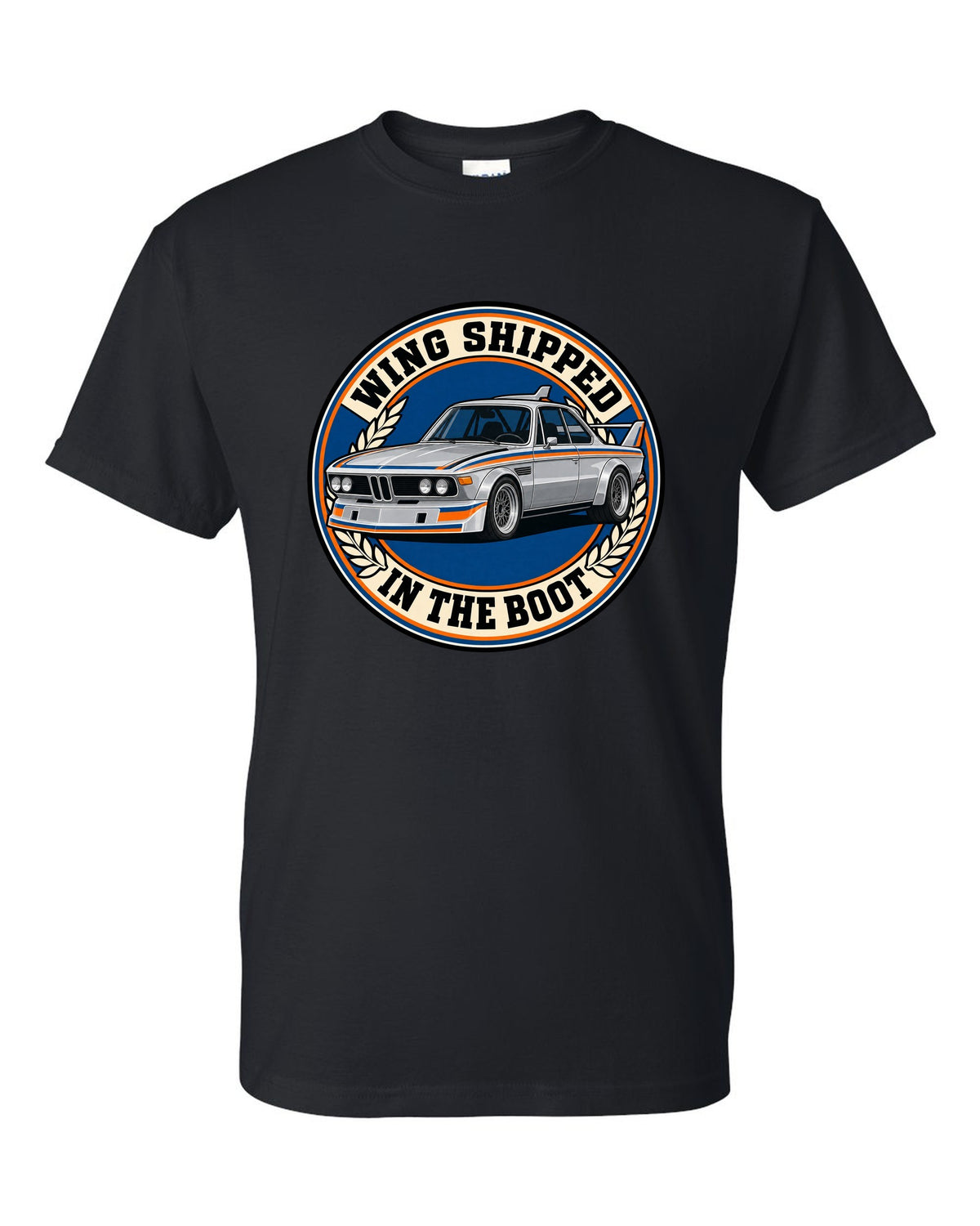 Embroidery-style varsity crest print of a BMW 3.0 CSL E9 with wing in the boot text black t-shirt front view with the design